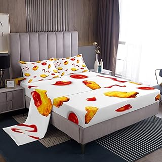 Erosebridal Fried Chicken Nuggets Bed Sheets Set Twin, Funny Food Sheet Set for Kids Child, Yellow Red Sauce Sheets, Bedroom Decor Flat Fitted Sheet