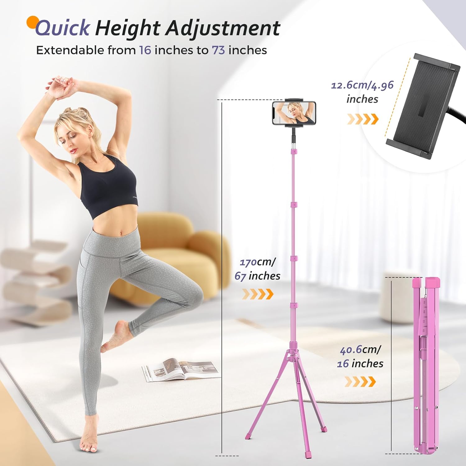 Aureday Adjustable Tripod Stand, 67” Height, Tablet Holder for iPad mini/Air/Pro, Kindle, Switch, Smartphones, 4.7”-12.9” Devices, Pink