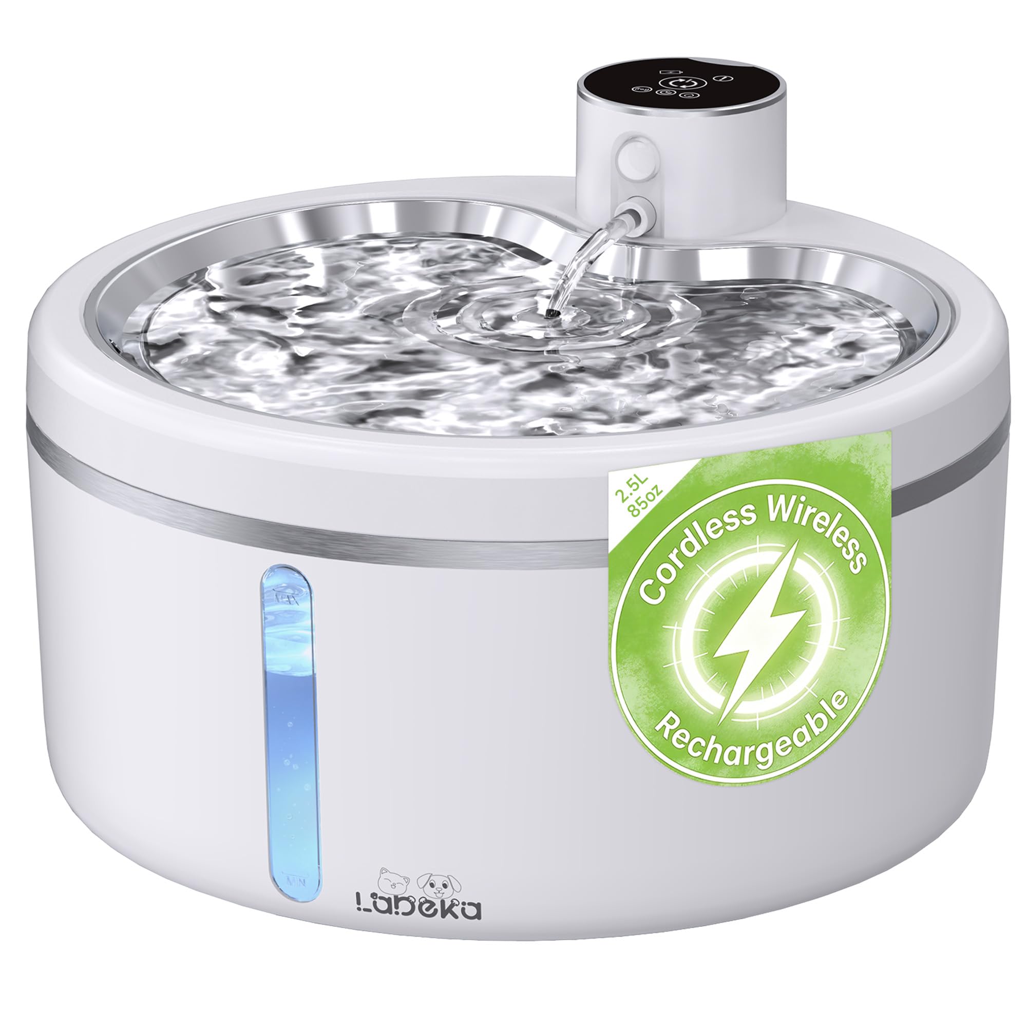 Wireless Cat Water Fountain with Stainless Steel Tray, 84oz/2.5L Pet Water Fountain for Cats Inside, Cat Fountain for Drinking with Motion Sensor, Ultra Quiet Pump for Pets& Small Animals (2Filters)