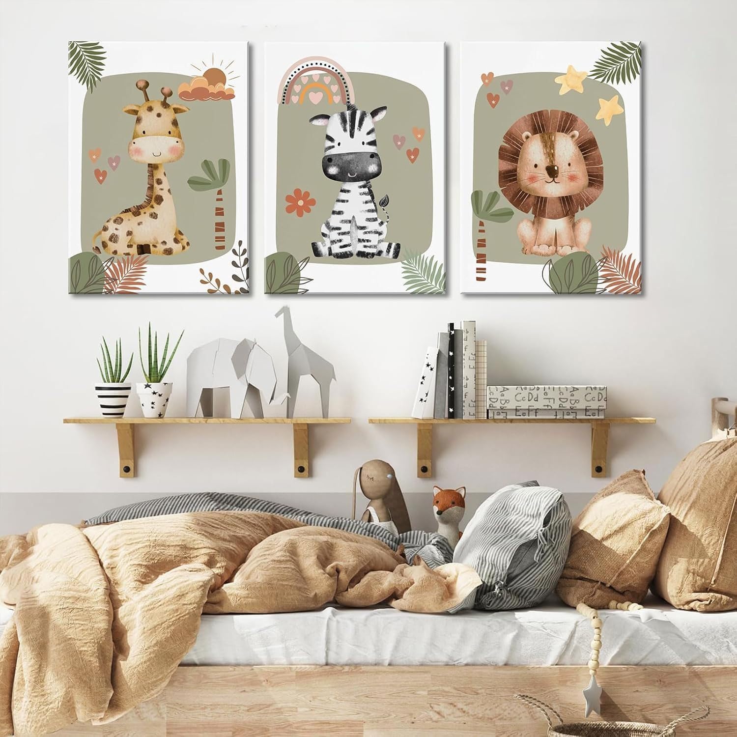 JORCEDI 3-piece Children’s Bedroom Poster Set, Children’s Forest Animal Posters, Elephant, Giraffe, Zebra and Lion, Nursery Decoration, Baby Gift, Unframed (30x40cm,Animals 1)