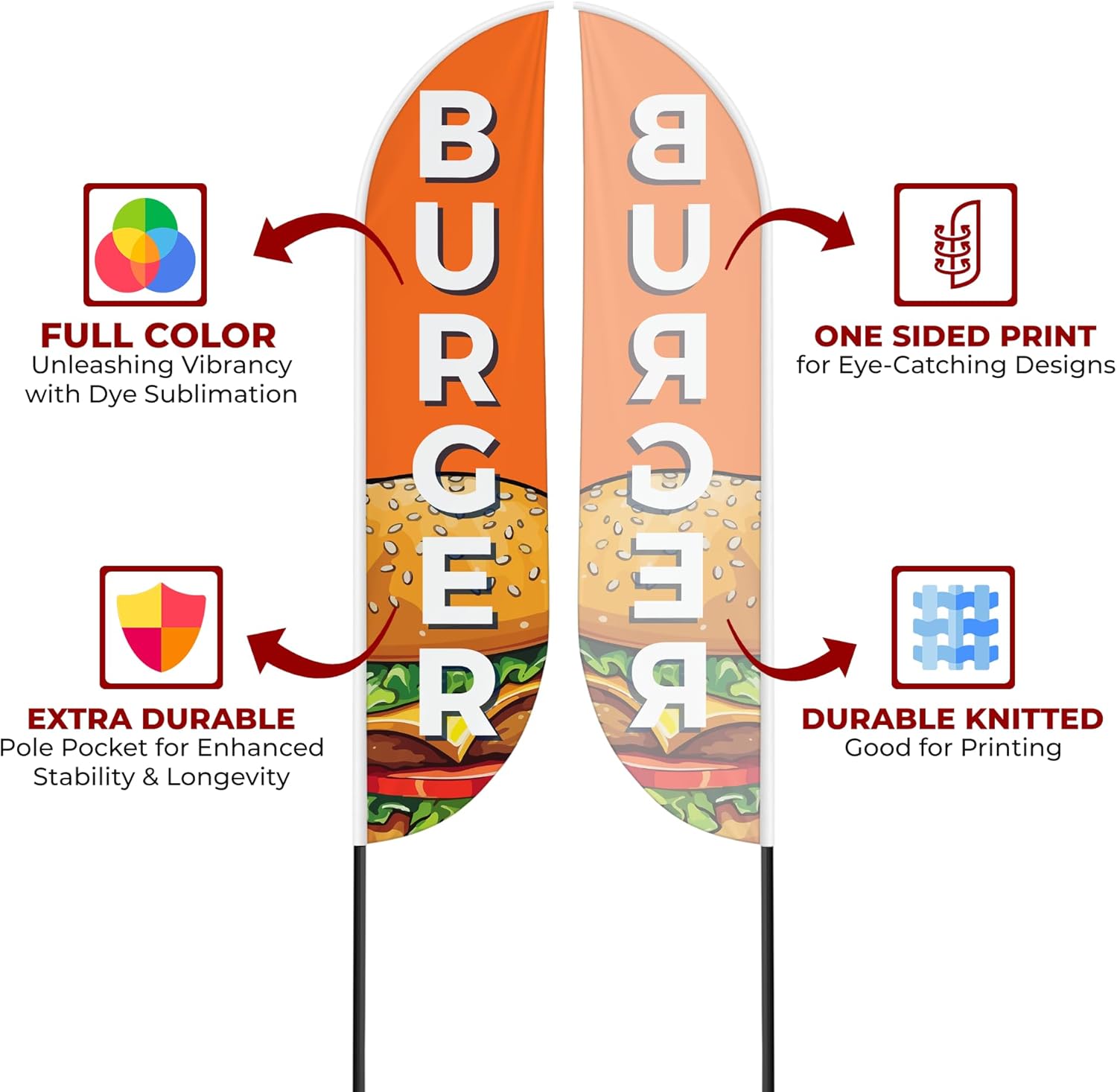Burger Sign Feather Flag for Outdoor 11.5 FEET Long Polyester Outdoor Banner Flag for Easy Hang | HD Print Swooper I Flag Only for Food Advertising | Made in USA I Flag Only1