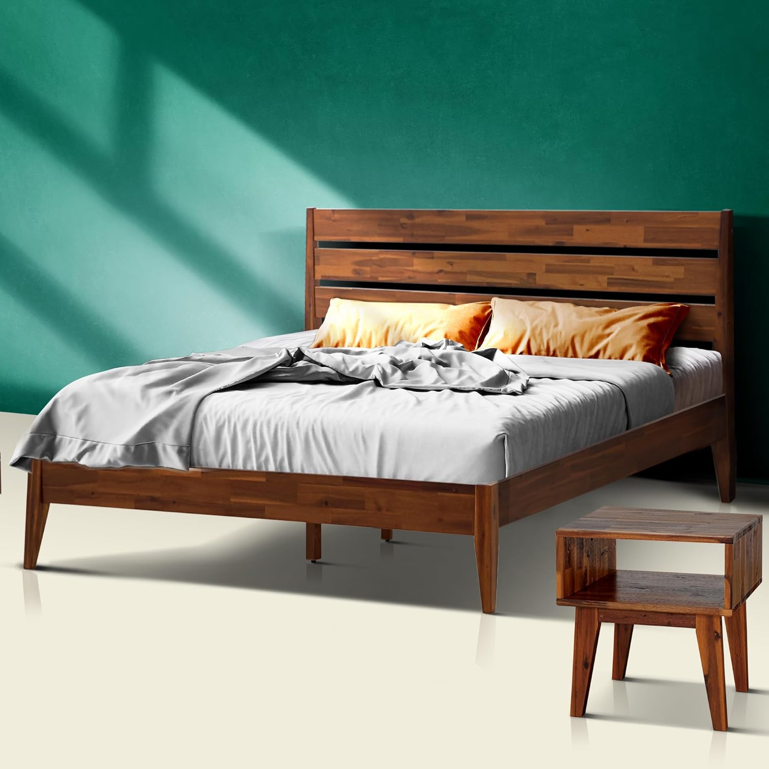 Acacia Emery Queen Solid Wood Platform Bed Frame with Headboard – Gift Matching Nightstand Included, Farmhouse Mid-Century Modern, Walnut Finish, Sturdy, No Box Spring Needed, Easy Assembly