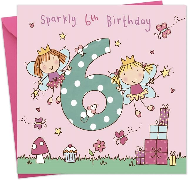 Twizler 6th Birthday Card for Girl with Fairy Princess - Six Year Old - Age 6 - Childrens Birthday Card - Girls Birthday Card - Happy Birthday Card