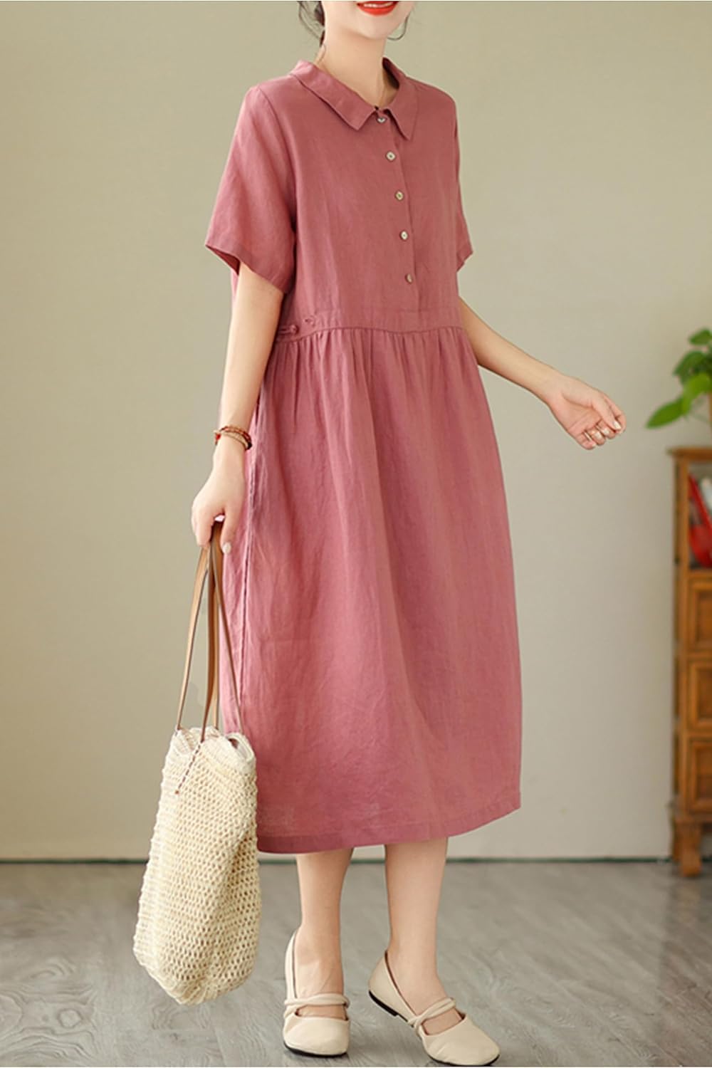 Women's Summer Short Sleeves Dress Polo Button Midi Dresses with Pockets - Image 3