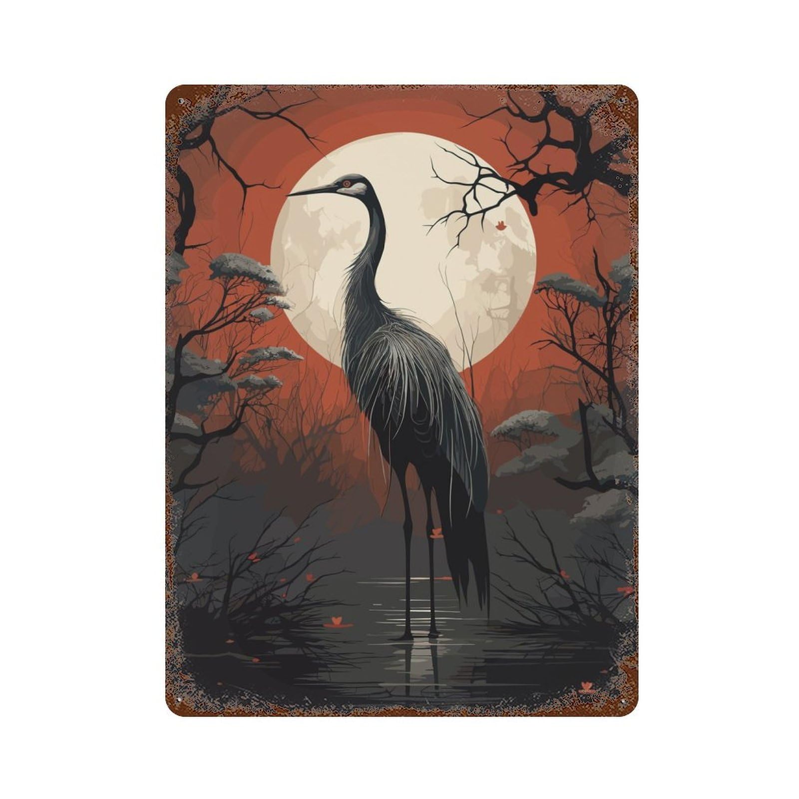 Aged Metal Wall Plaque with Black Stork Vector Design 15.7"x11.8", for Basement, Hobby Room And Garage Decor, Farmhouse Wall Decor