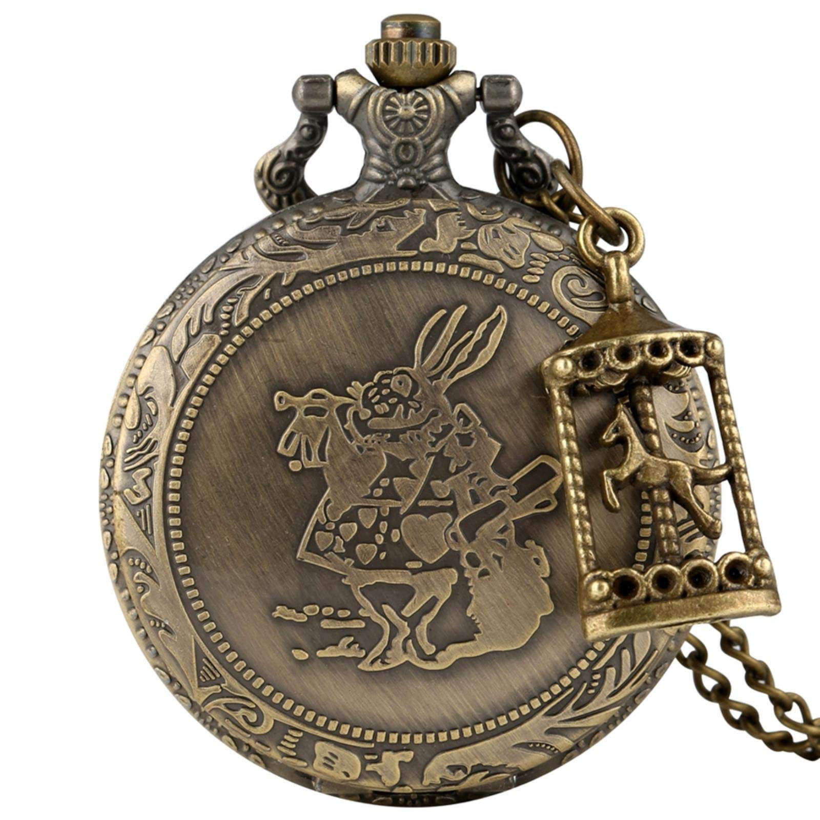 RUVANE Taschenuhr-Halskette, Bronze, Alice im Wunderland, süßer Hase, Quarz-Taschenuhr, Anhänger, Halskette, Kette, Uhr mit Karussell-Zubehör, mit Krückenhase Star of Light
