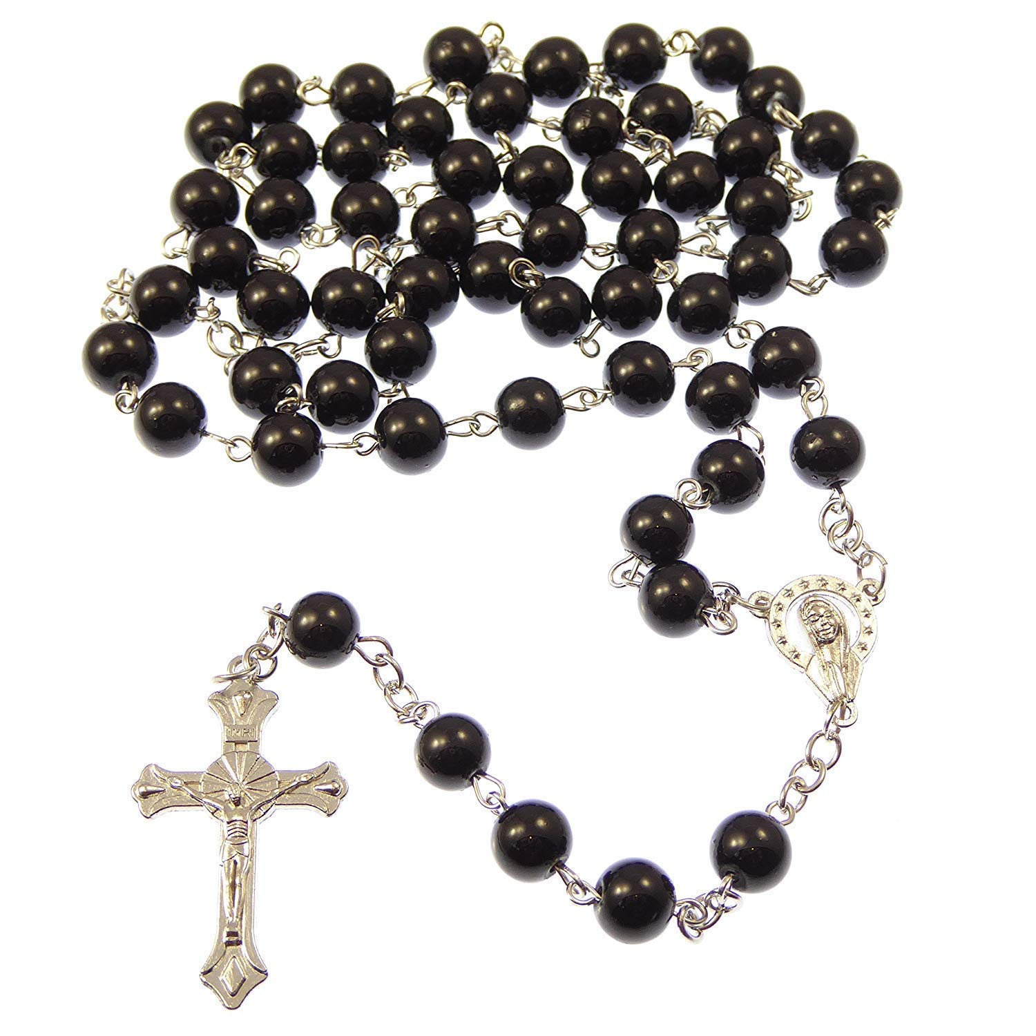 Long Black Metal Long Catholic Rosary with Mother of God Centre 8 mm Beads, Metal, Pearl