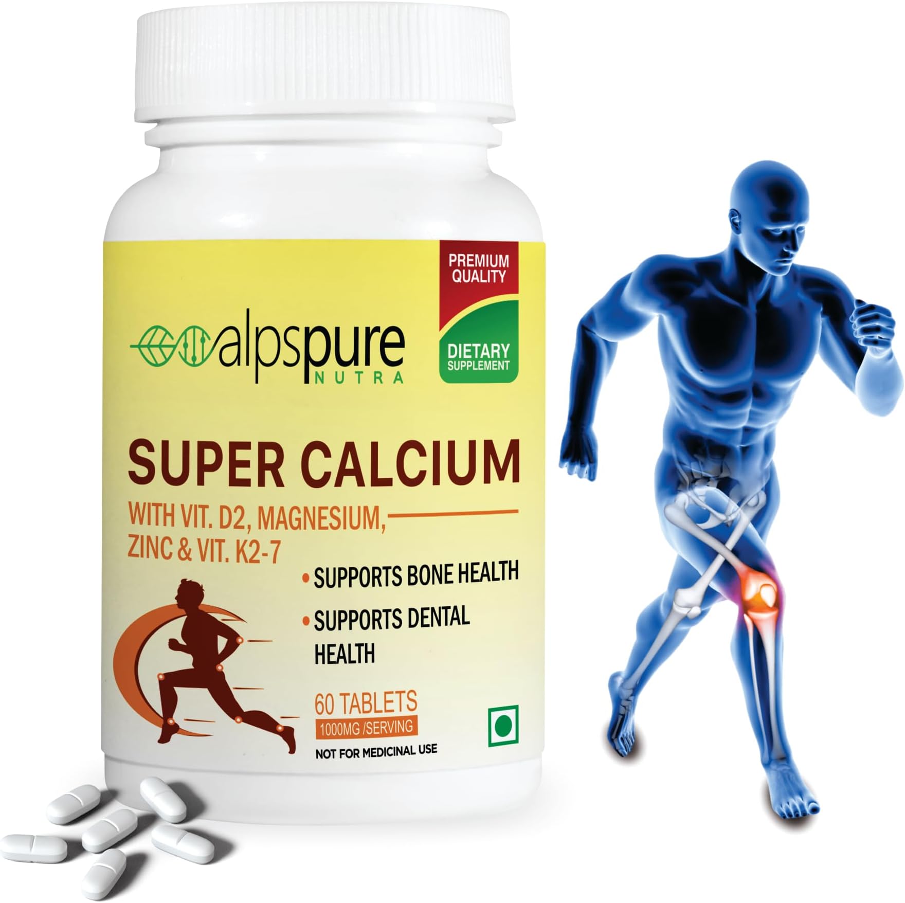 Nutra Super Calcium with Vitamin-D2, Magnesium, Zinc & Vitamin-K2-7 (60 Veg Tablets) | Bone & Joints Support Supplement | Supports Dental Health | Calcium Supplement for Men & Women