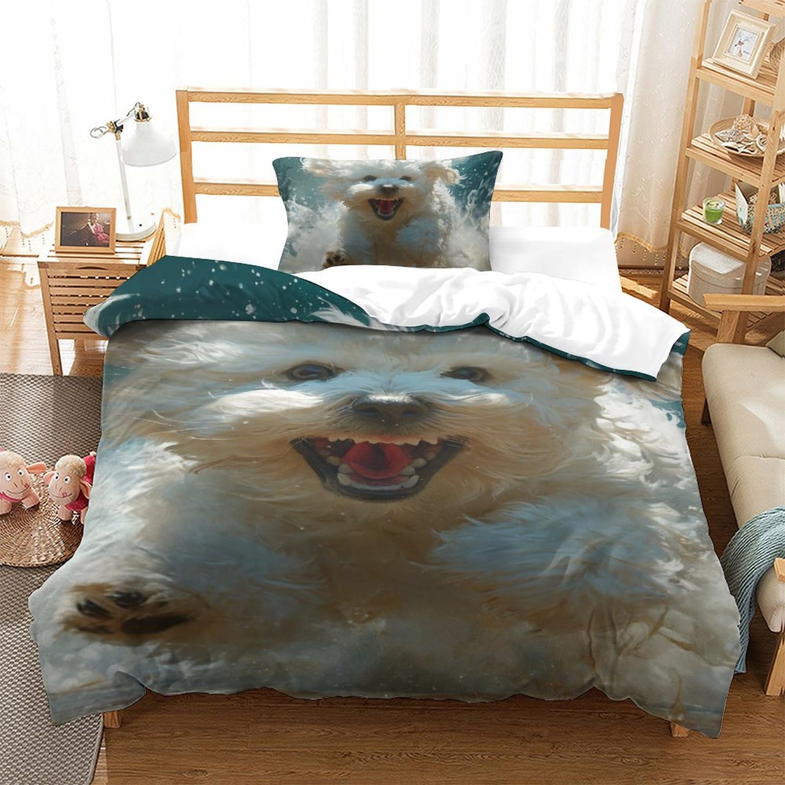 Housse de couette chien 3D en microfibre douce 135x200 pour lit une place