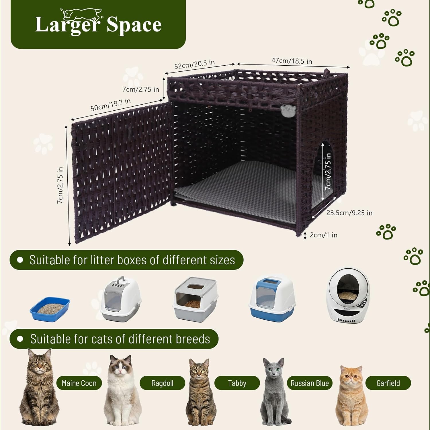 Neti Neti Cat Litter Box Enclosure Furniture, A Calm Enclosed Space Chosen by Cats, Handwoven Rattan Hidden Cabinet with 2 Removable Mats, Large Foldable Design for Indoor Use, Small, Brown
