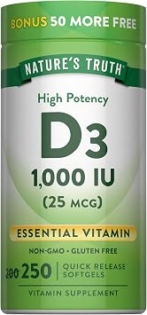 Natures Truth D3 1000 IU | 250 كبسولة هلامية | فيتامين د الأساسي | مكمل غذائي خالٍ من الكائنات المعدلة وراثيًا والغلوتين