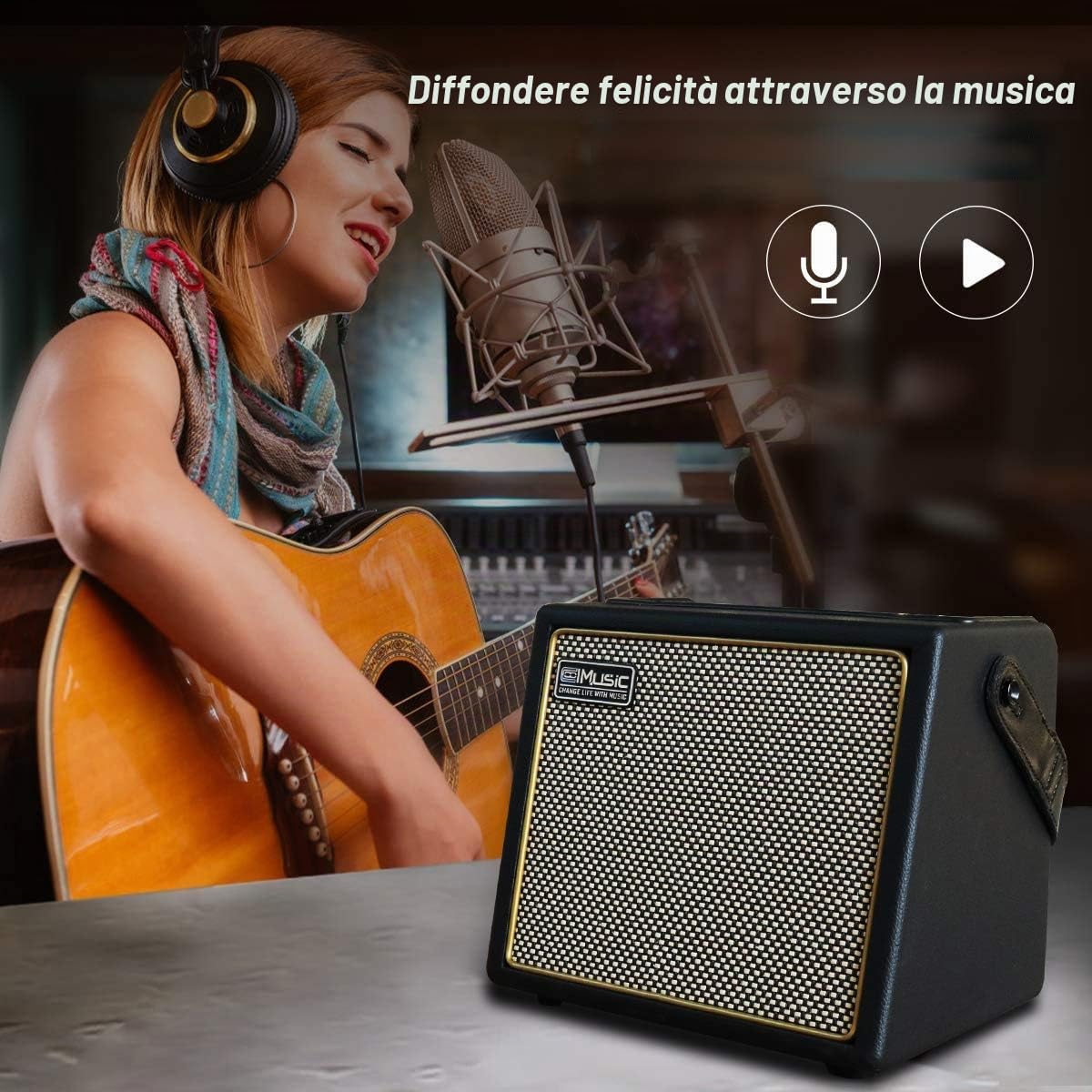 Coolmusic amplificatore portatile per chitarra acustica da 30 W con ingresso microfono, Bluetooth integrato, batteria ricaricabile con prestazioni fino a 8 ore