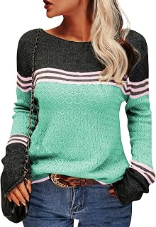 Shirts for Women Fashion Knit Striped Colorblocked Round Neck Sweater Crochet Casual Top