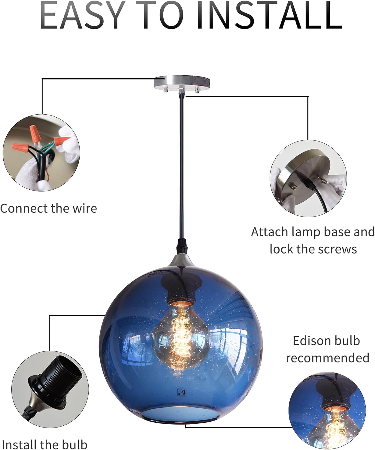 Pendant Lights Kitchen Island Blue Glass Lighting Modern Globe Ceiling Hanging Fixtures Seeded Bubble Bedside 8.7 Inch Diameter 2-Pack Brushed Nickel