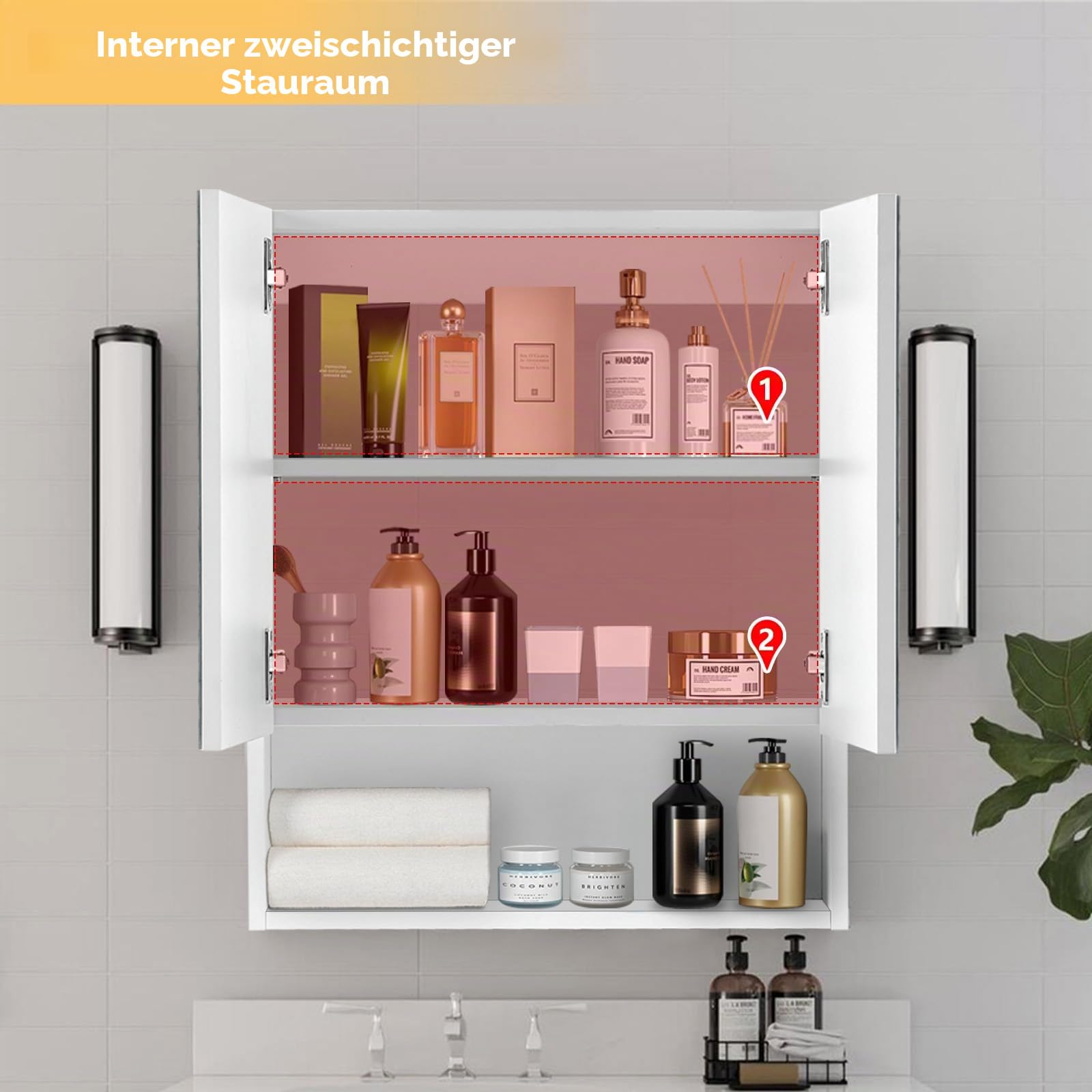 TUKAILAI Spiegelschrank Badezimmerschrank mit 2 Spielgeltüren und zusätzlicher Ablage Aufbewahrungsschrank mit verstellbaren Regalebenen Wandschrank Medizinschrank Hängeschrank für Badezimmer Weiß