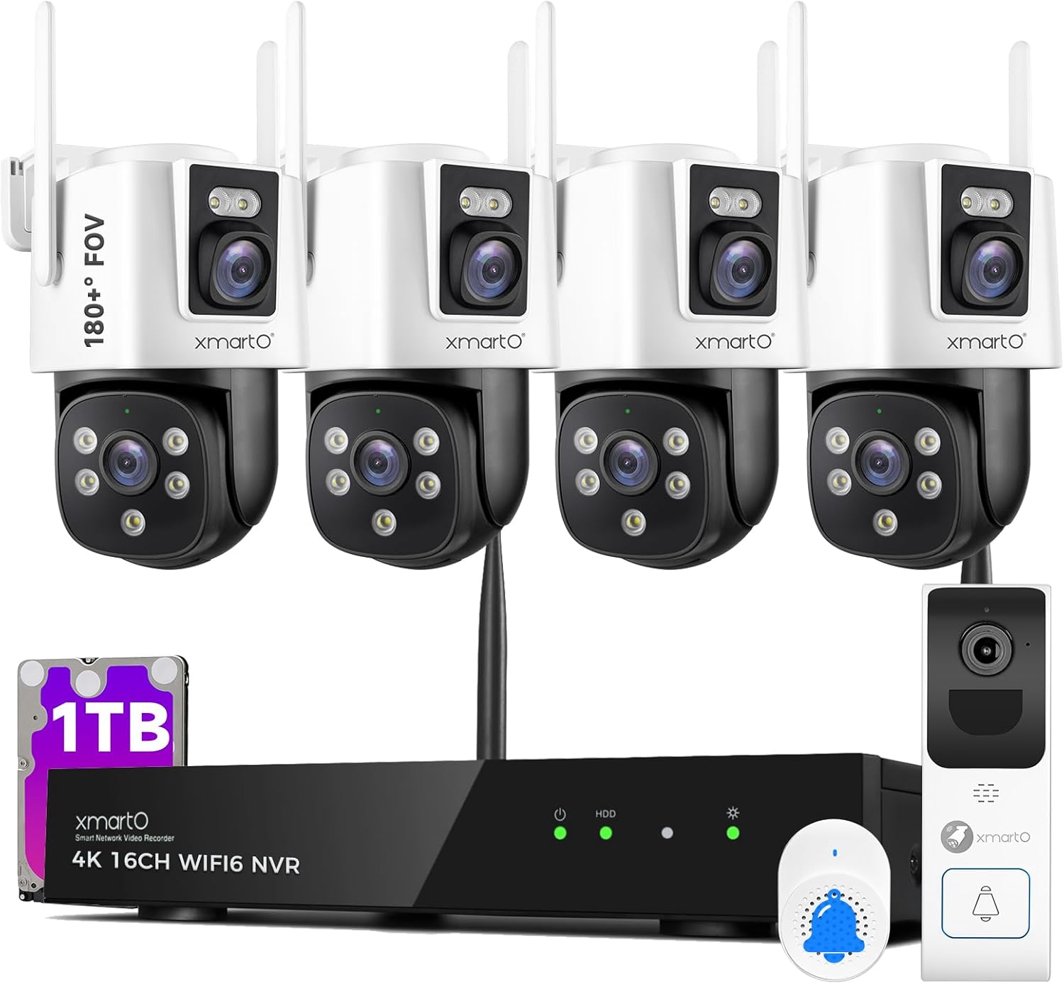xmartO [Doorbell + 4-CAM] Dual-Lens Wireless Camera & Smart Video Doorbell Security Bundle, 16CH 4K WiFi6 Mesh NVR with 1TB HDD, 4MP 180° FOV/360° PTZ AI Tracking, 2-Way Audio, No Monthly Fee