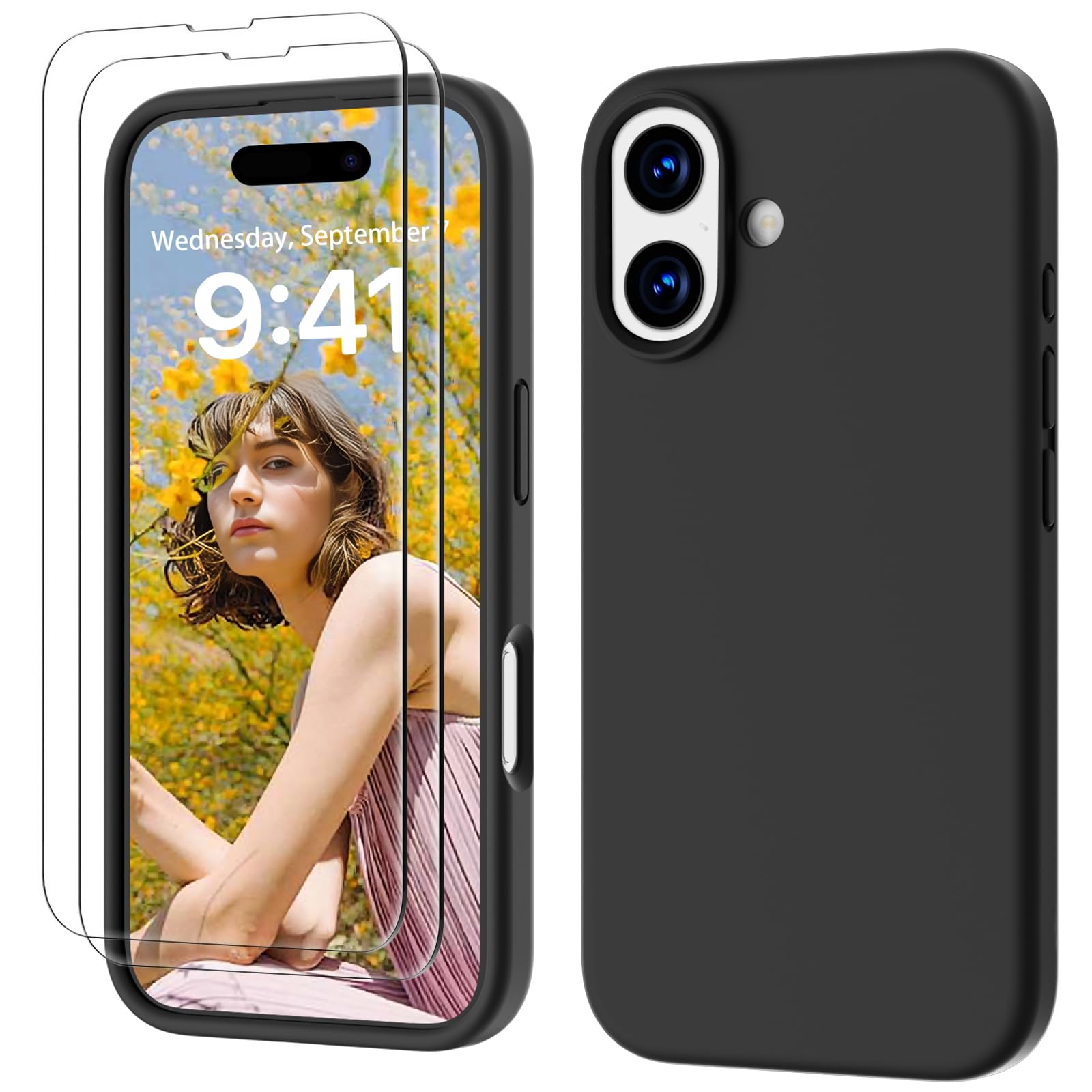 GOODVISH 3 in 1 Silicone Cover per iPhone 17 6.3", Custodia con 2 Pellicola Vetro Temperato [Protezione Fotocamera] 360° Protezione Anticaduta Case per Cellulare Antiurto Resistente, Nero
