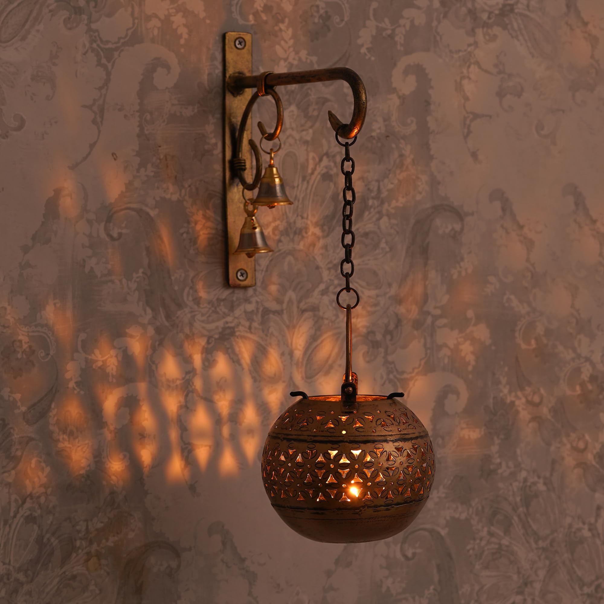 Globe Dhoop & Tea Light Candle Holder with Hook and Bell/Lantern Hanging Antique Gold Finish for Diwali Gifts | Home Decoration | Gifts | Home Decor-image-35