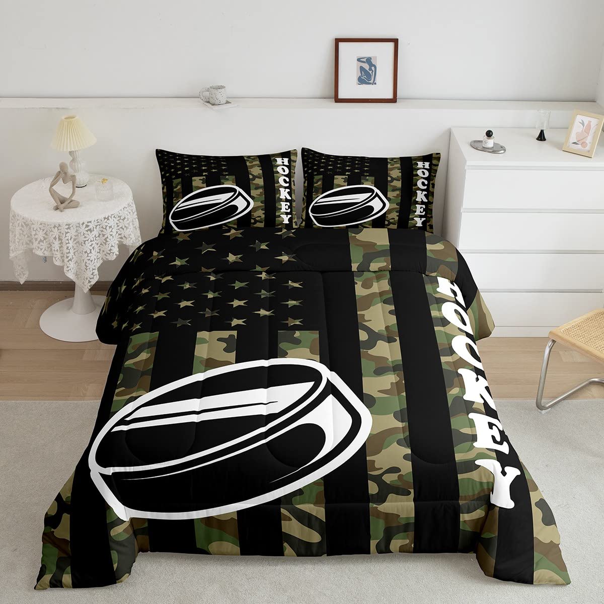 Ice Hockey Bedding Set American Flag Camo Comforter Set for Kids Boys