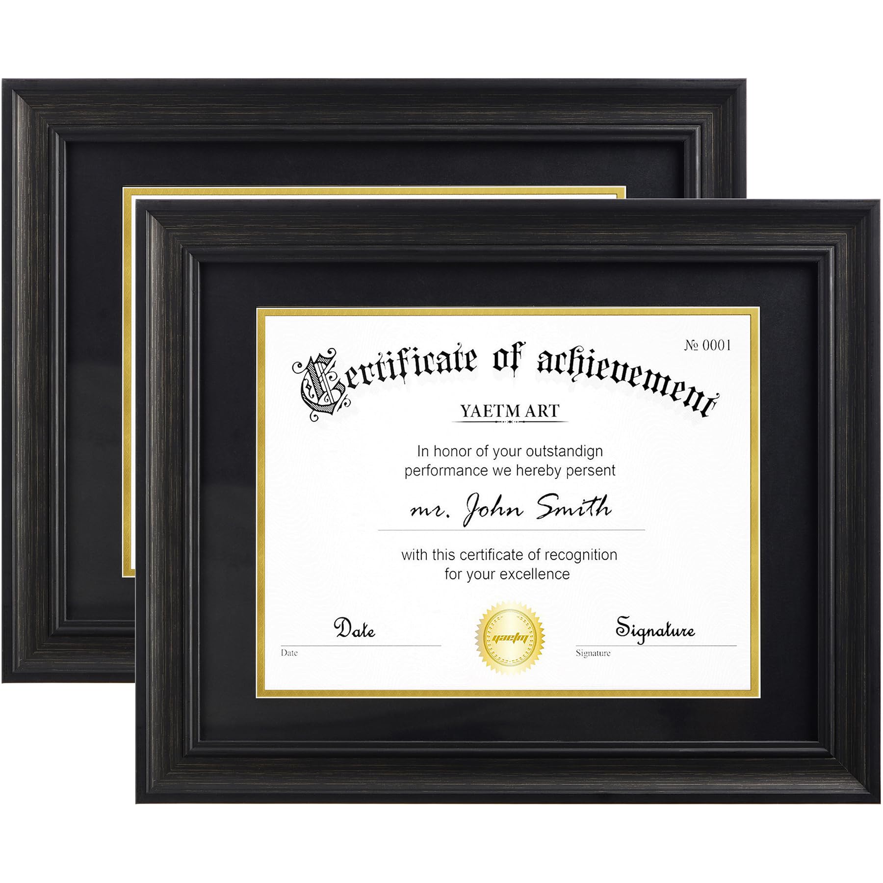 8.5x11 Diploma Frame | Certificate Frame with HD Tempered Glass, Display 8.5 x 11 with Black Over Gold Acid-free Mat or 11x14 Document without Mat, Wide Molding, Tabletop, (2 pack, Black)