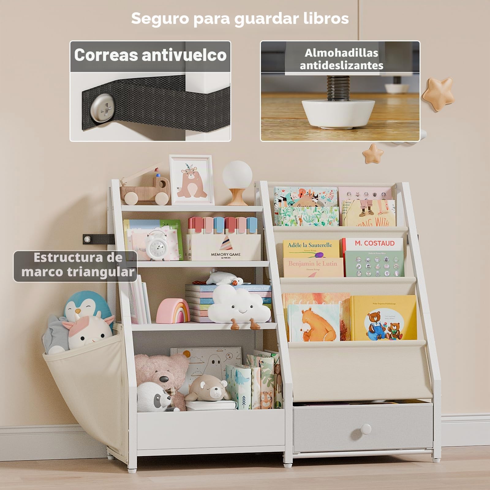 Estantería y almacenamiento de juguetes, estante para libros y guardería, organizador Montessori, color blanco
