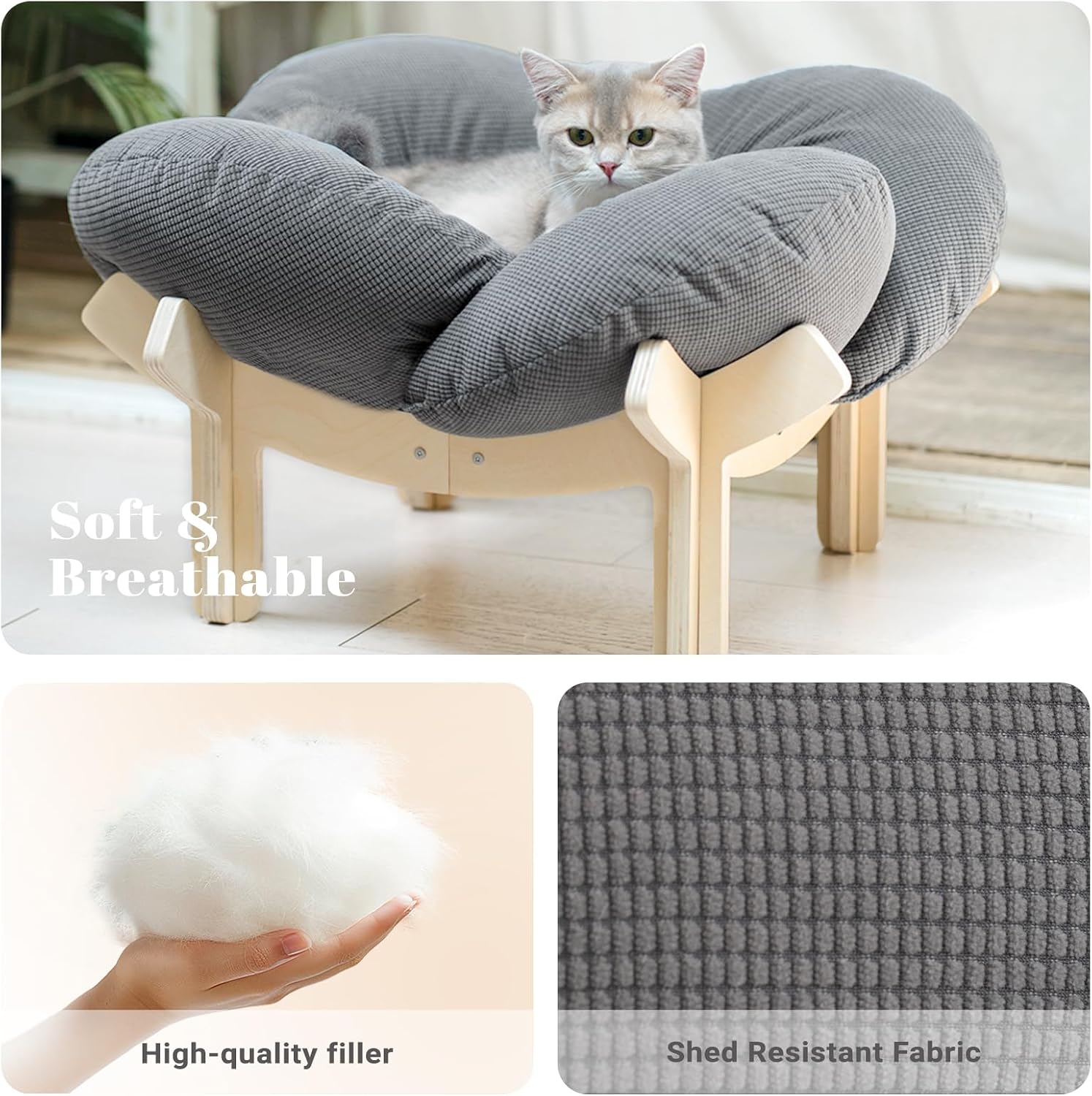 CHEERHOME PETS Elevated Cat Bed Wooden with Cushion Fluffy Pet Couch Sofa for Indoor Cats Raised Kitty Lounge Chair Suitable for Puppy, Cat Furniture(Gray) thumbnail