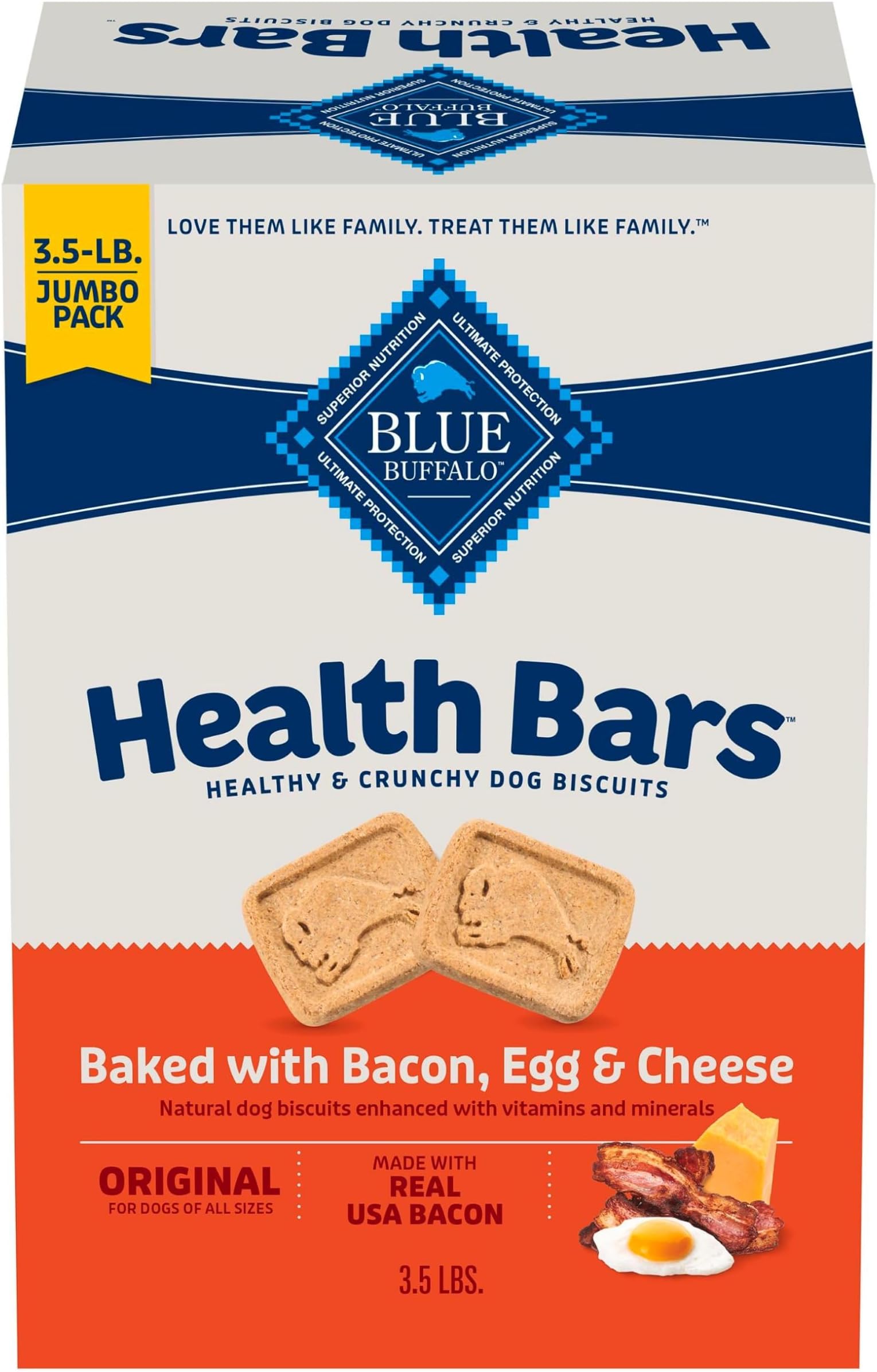 Blue Buffalo Health Bars Crunchy Dog Biscuits, Oven-Baked With Natural Ingredients, Bacon, Egg & Cheese, 3.5 -lbs. Box