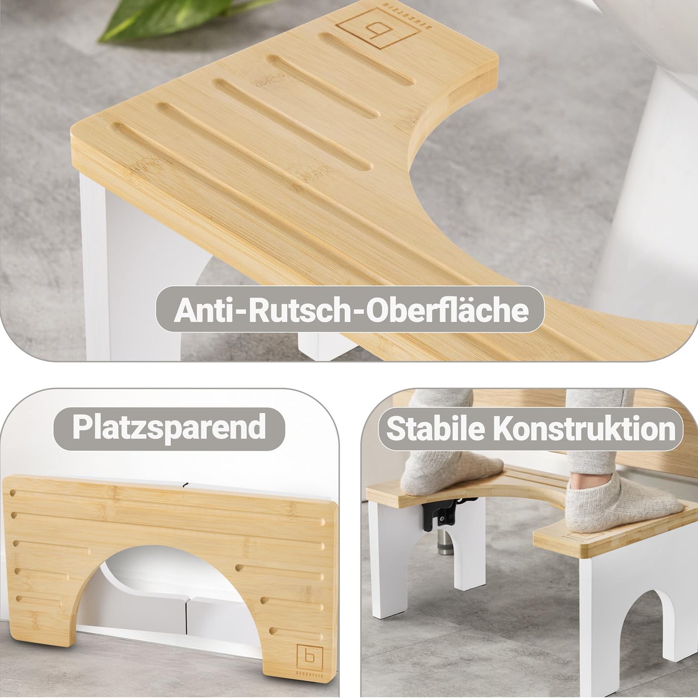 BENKSTEIN Toilettenhocker Erwachsene - Holz - Klohocker - Toilette Bambus - Tritthocker - klappbar - WC Hocker