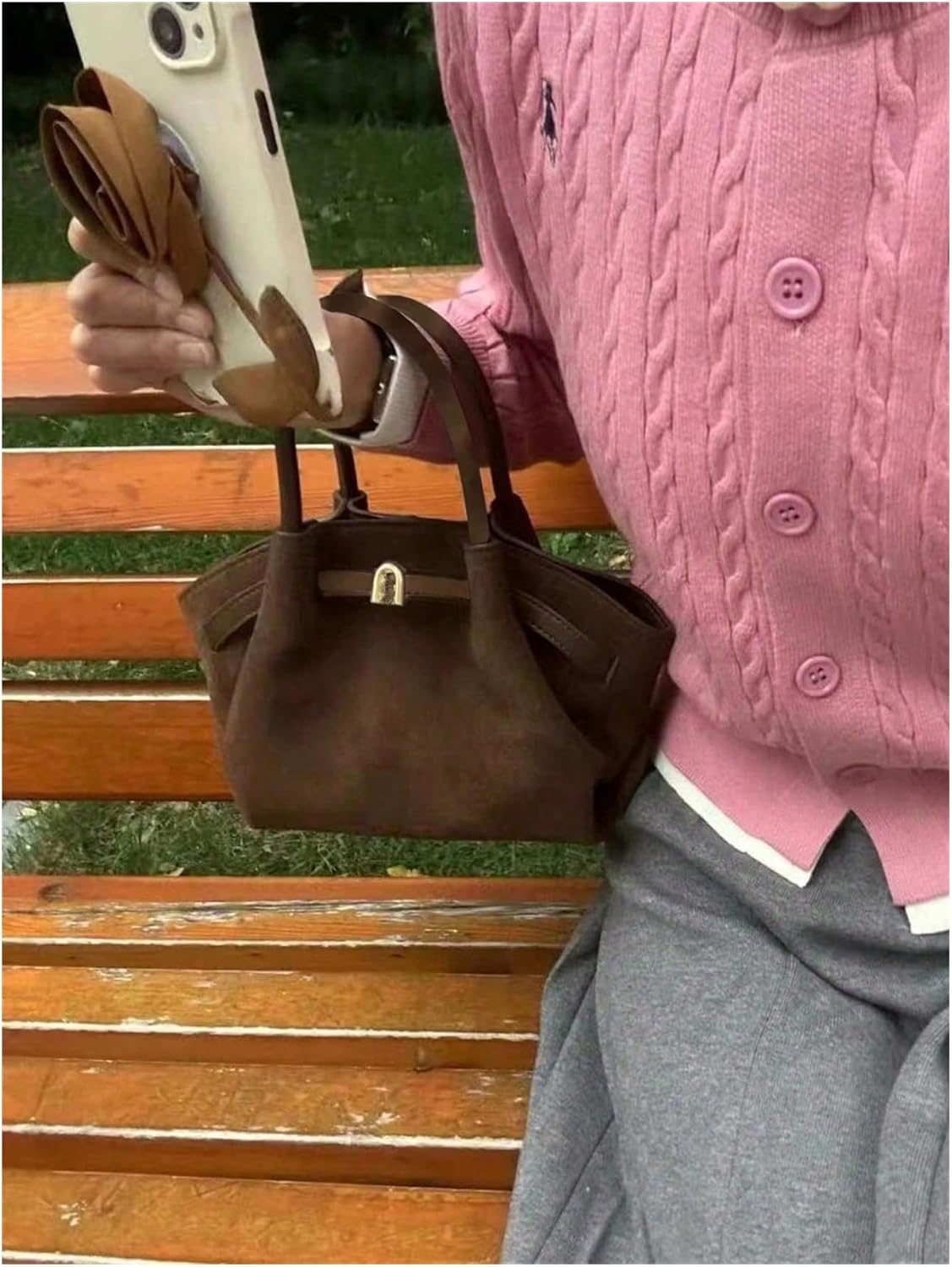 SweatyRocks Women's Vintage Suede Satchel Handbags Buckle Small Bucket Bags Winery Outfit