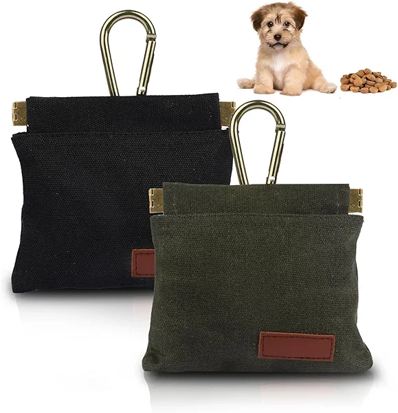 2Pcs Dog Treat Pouches for Pet Training, Hand Free Puppy Dogs Treat Bag with Carabiner, Portable Auto Closing Pet Dog Walking Bag for Travel or Outdoor Use, Pets Feed Snack Reward Pocket- Black, Green