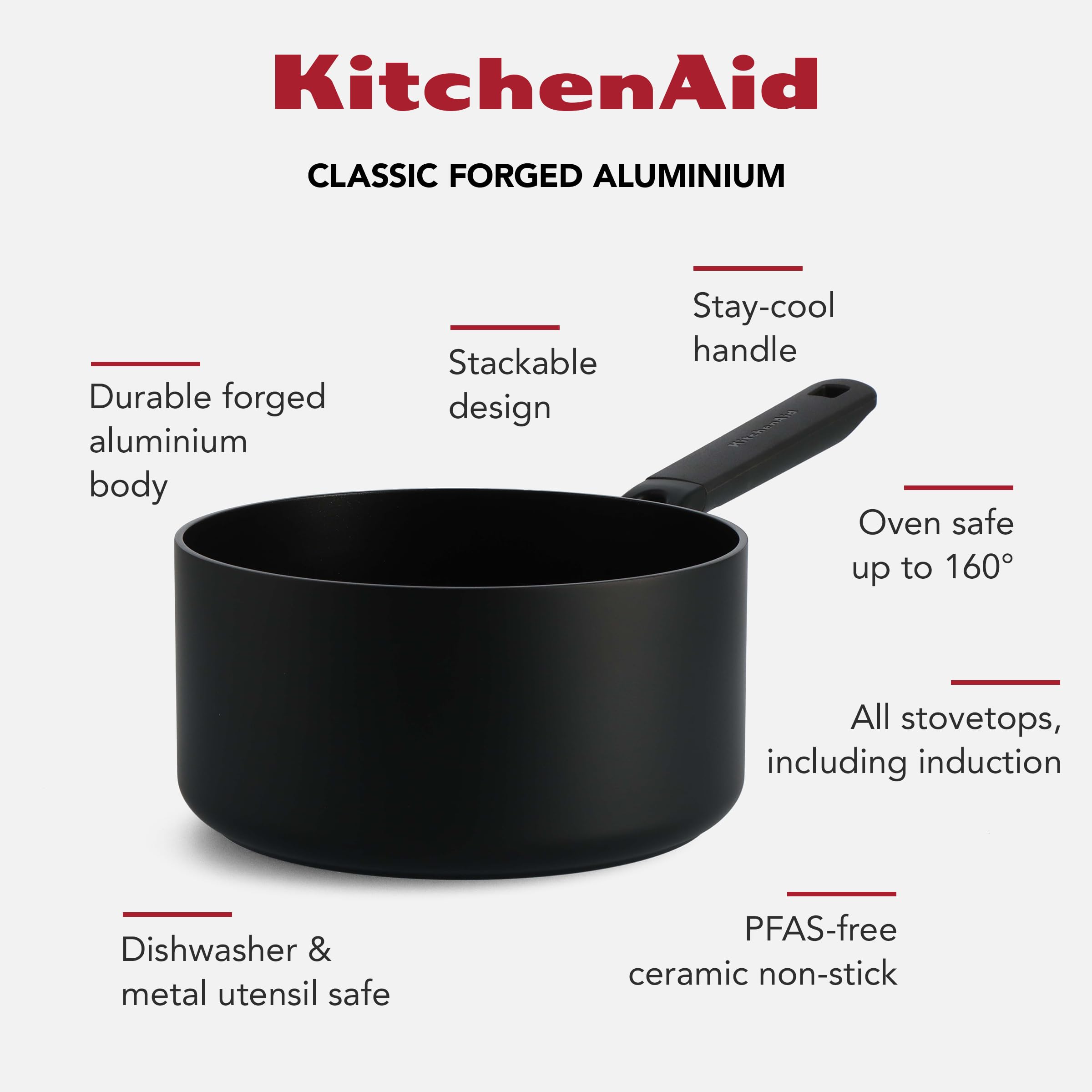 KitchenAid Classic Forged Aluminium Céramique antiadhésive anodisée dure, sans PFAS, casserole de 20 cm/3,1 litre, induction, Résiste au lave-vaisselle et au four, noir