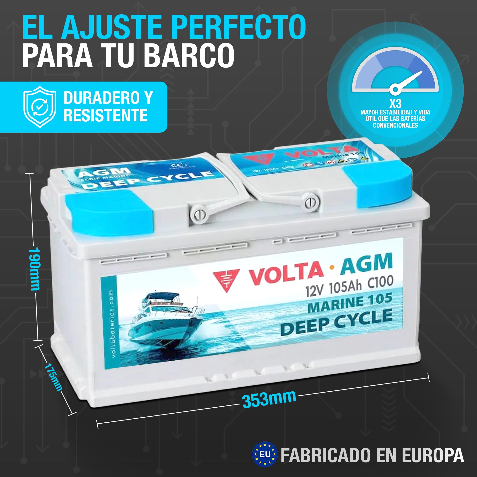 Batería para Barco Volta Marine 105, AGM 12V 105Ah, Especial Embarcaciones, Batería Barco 12v (AGM Deep Cycle) Gran Vida Útil, 353x175x190 mm, Fabricación Europea, Bateria Solar de Ciclo Profundo