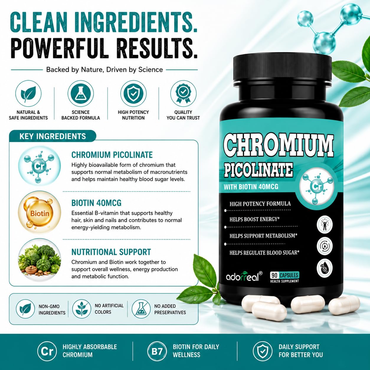 Adorreal Chromium Picolinate 400 mcg with Biotin 40 mcg | 90 Veg Capsules | High Potency Formula | Supports Normal Glucose Metabolism, Energy Metabolism & Overall Wellness | Health Supplement 2