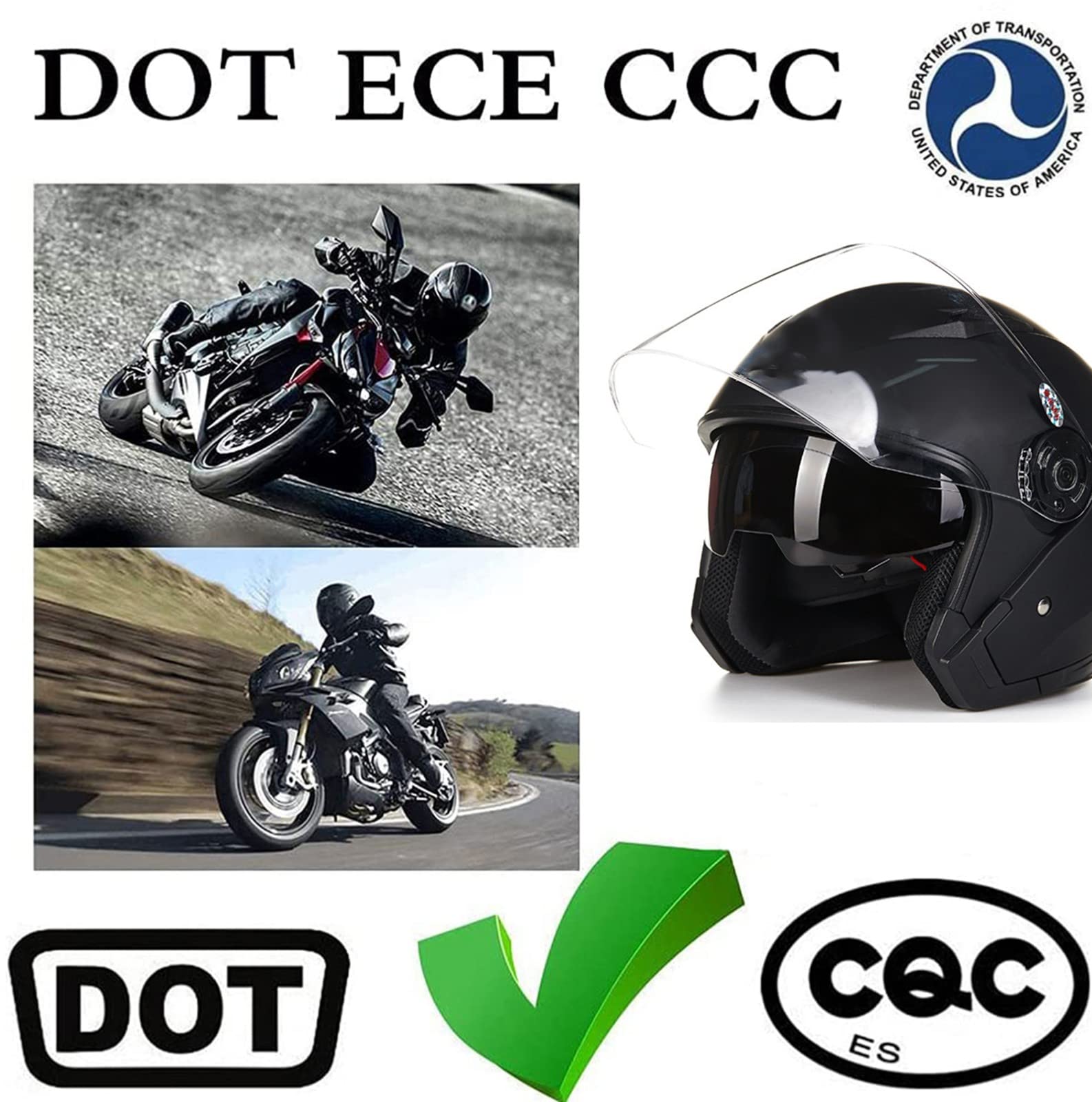 3/4 Motorcycle Jet Style Half Helmet Open Helmet ECE Approved For Adult Men Women Moped Scooter Crash Helmets With Double Sun Visor Helmet G,XXL=60~61CM - View #10