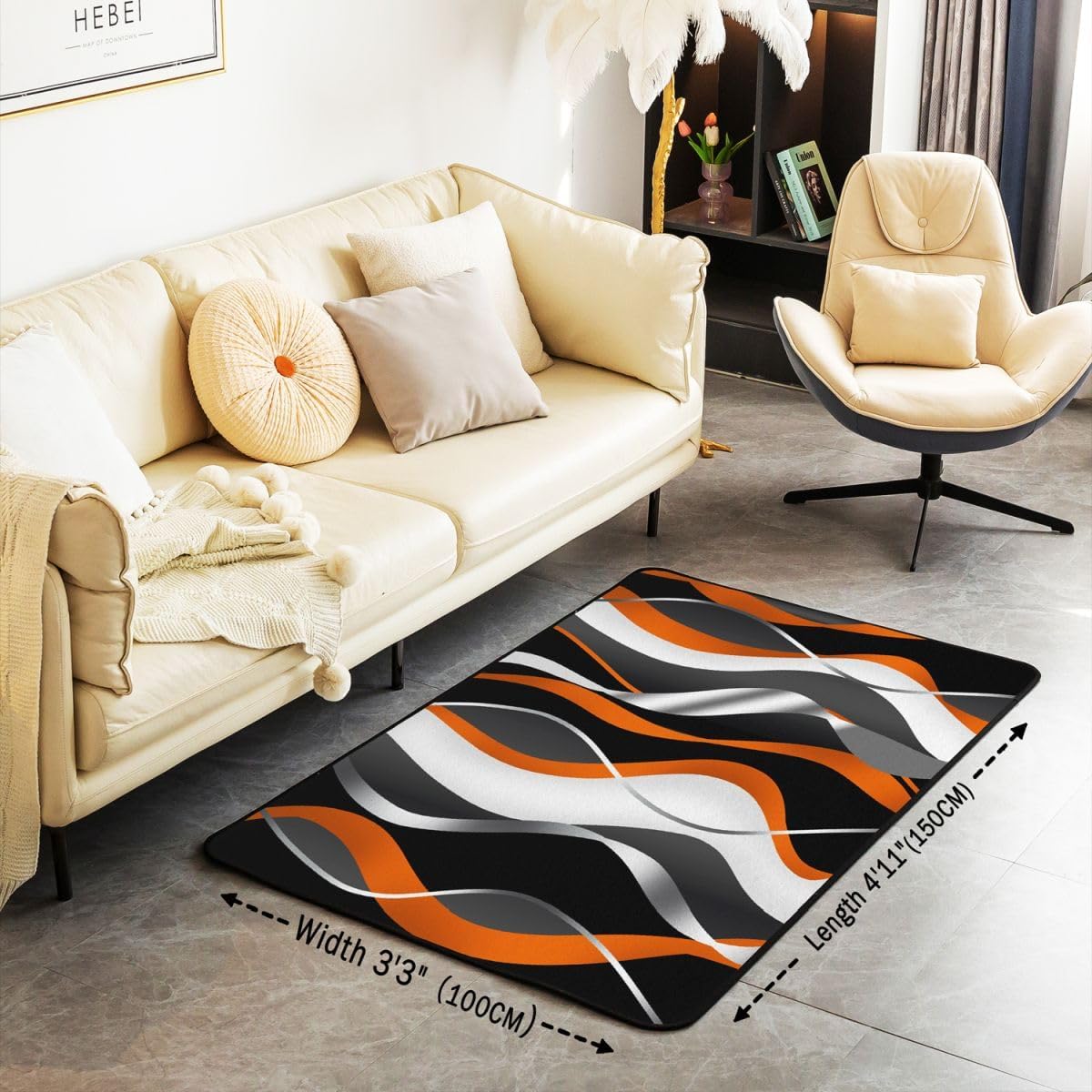 Orange Grey White Black Stripes Area Rug 3'x5' Geometric Living Room Rugs for Geometric Bedroom Home Decor Modern Striped Art Carpet Ultra Soft Non-Slip Indoor Floor Mat