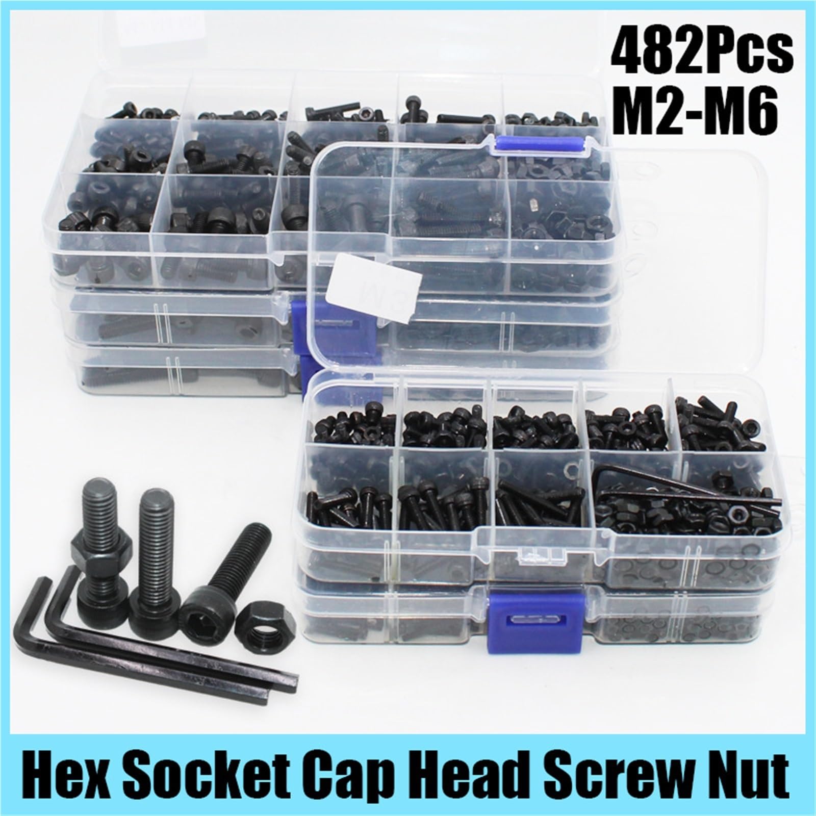 Juego de tuercas tornillo cabeza hueca hexagonal M2 M3 M4 M5 M6 perno Allen grado 12,9 con pernos botón llave para Electrónica(M6 142pcs)