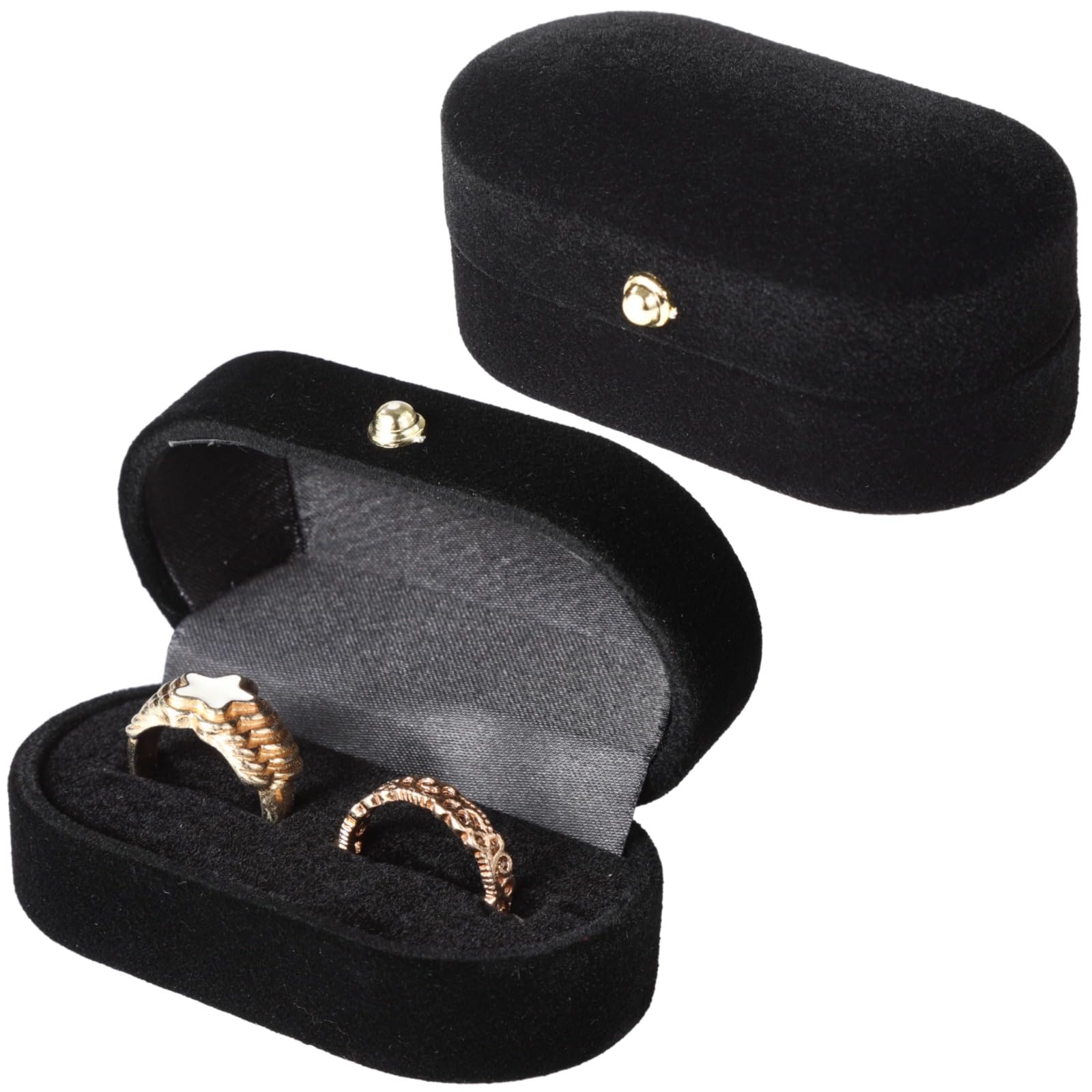 Boîte à bagues double velours noir pour alliances de mariage et fiançailles ovales