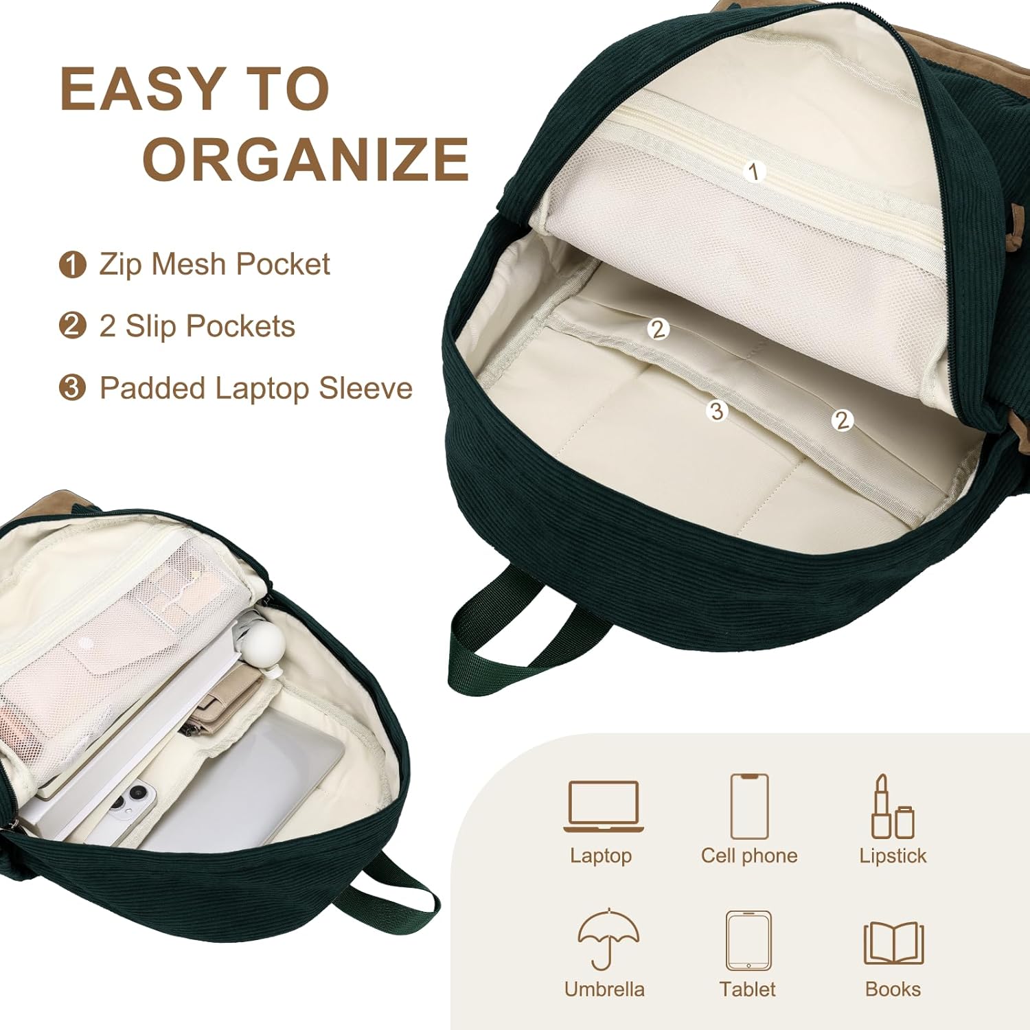 Aesthetic Corduroy Backpack Bookbag for Women Men, Vintage School Daypack with Laptop Compartment, Casual Travel Bag for College Student & Teen Girls Green - Image 6