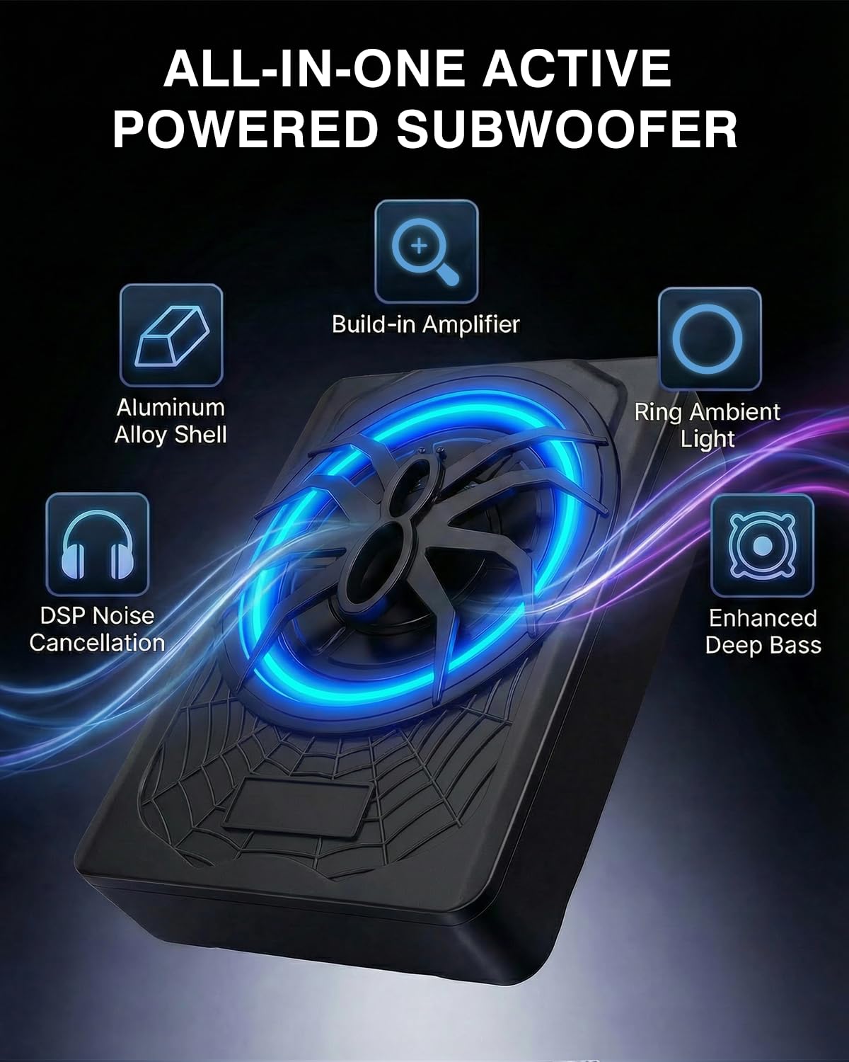 Subwoofer attivo per veicoli, progettato per essere posizionato sotto il sedile, 1200 W di potenza massima, driver da 10 pollici, con illuminazione ambientale blu, con amplificatore integrato