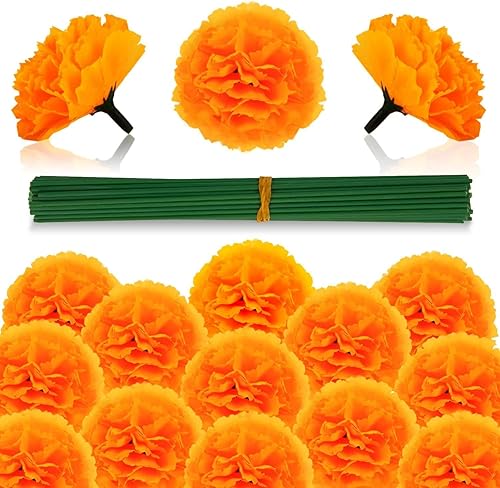 Labeol 100 piezas de flores de caléndula artificiales, cabezas de flores de caléndula a granel, decoración mexicana, guirnalda de caléndula naranja