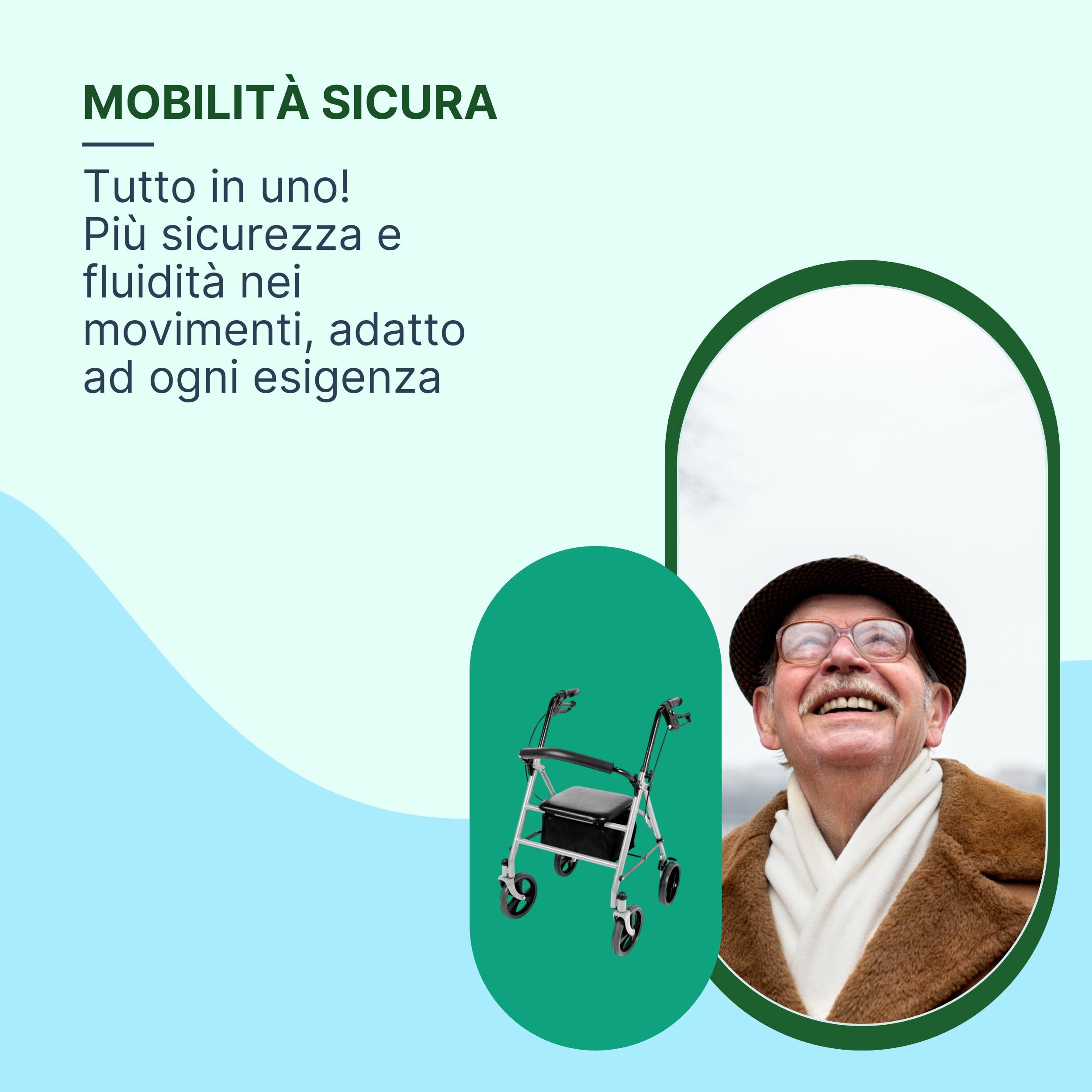 Rollator Deambulatore con Seduta per Anziani e Disabili - Deambulatore per Anziani 4 Ruote Pieghevole con Borsa e Schienale Ribaltabile ed Estraibile