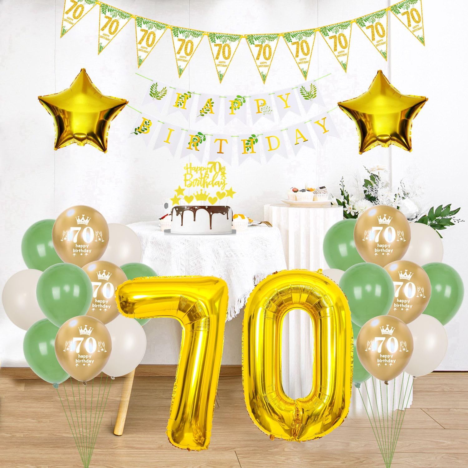 Palloncini 70 Anni Compleanno Donna – Decorazioni Oro E Verde Avocado Con Numero 32" E Banner Happy Birthday