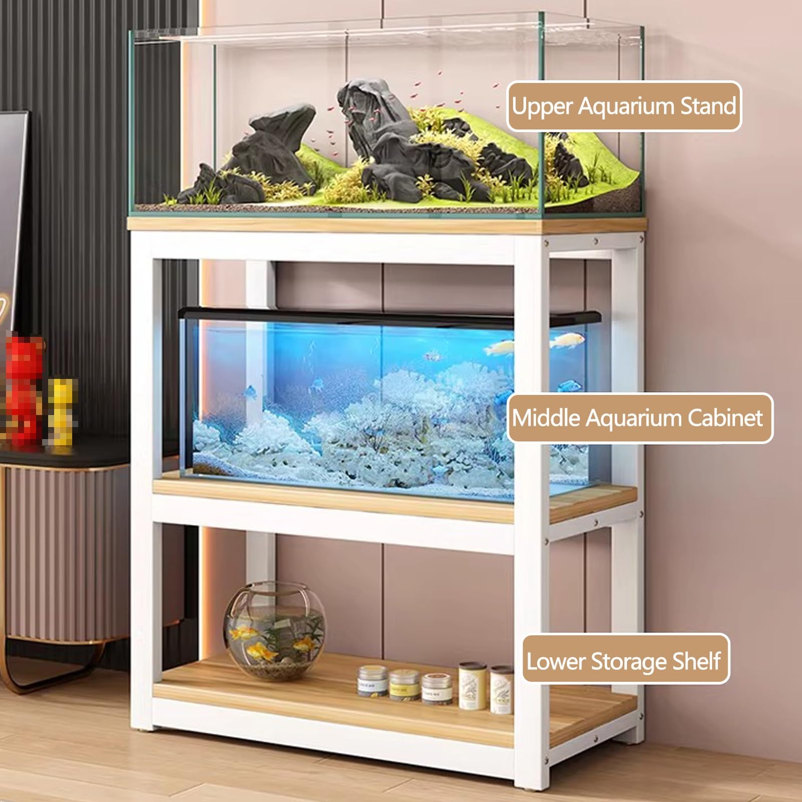 Stojak do akwarium z półką, otwarta szafka pod akwarium, metalowa rama, 3-stopniowy stojak na terrarium, stojak na basen dla gadów, do domowego biura, salonu (biały, 51 x 35 x 100 cm)