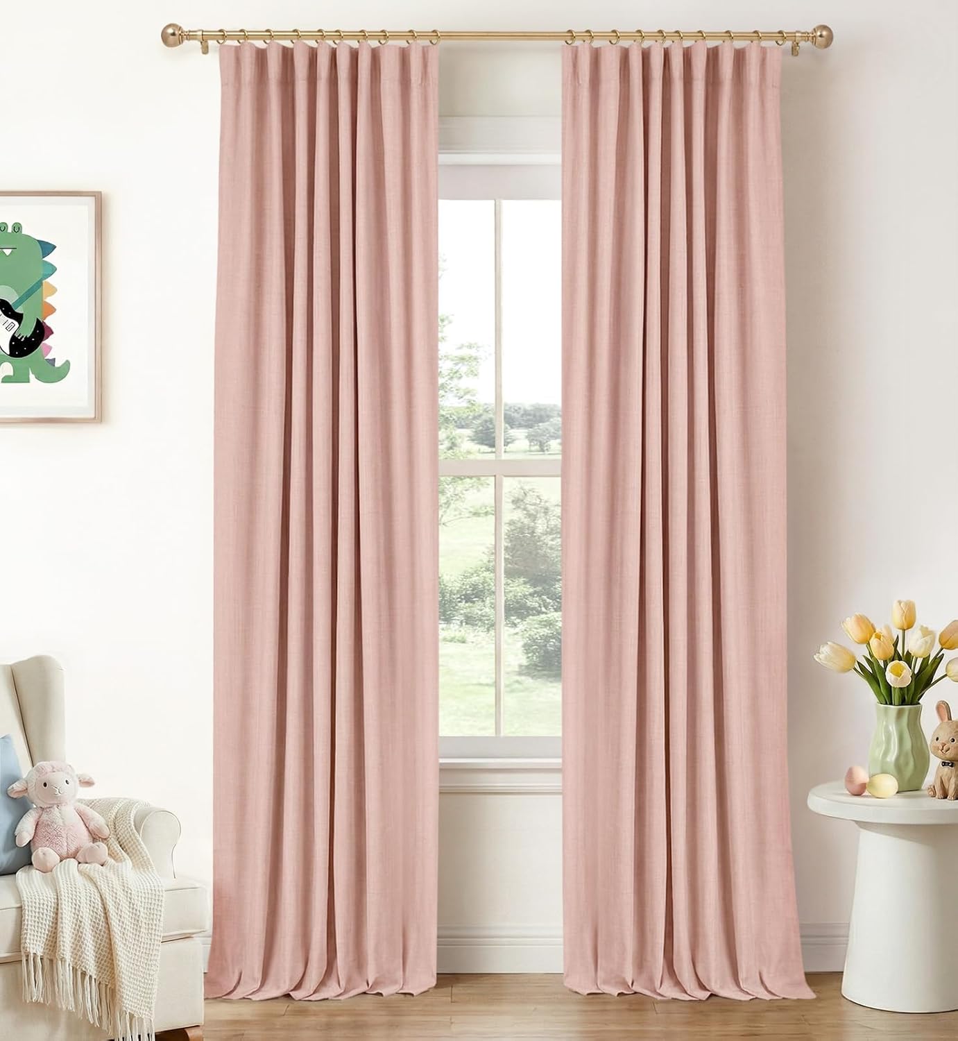 INOVADAY 100% Blackout Curtains for Bedroom, Black Out Curtains 84 Inch Long, Clip Rings Linen Blackout Drapes, Thermal Insulated Room Darkening for Living Room, 2 Panels - Blush Pink,W50xL84