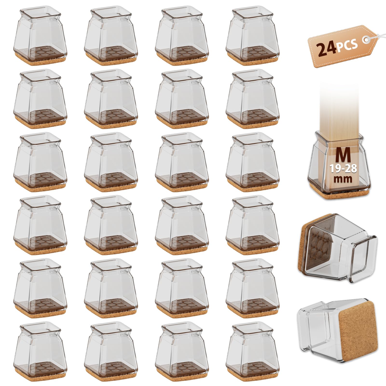24 Pcs Square Brown Chair Leg Silicone Floor Protectors, Chair Socks, Stool Leg Covers with Felt Pads, Protect Floors from Scratches, Reduce Noise (Fit:19-28mm)