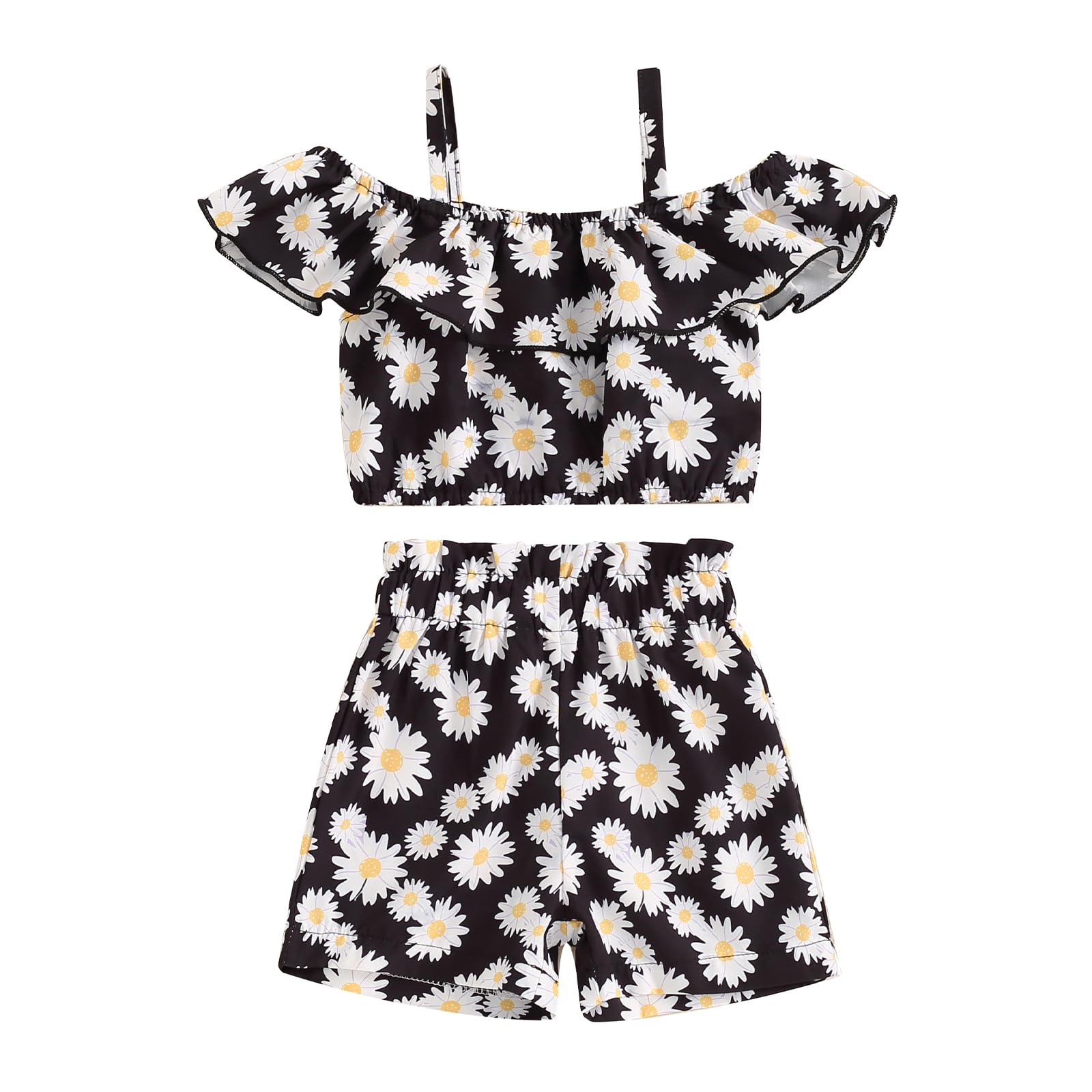 BeQeuewll Toddler Baby Girl Summer Clothes Daisy Floral Outfit Ruffle Off Shoulder Crop Top Elastic Shorts Kid Girls 2Pcs Set (Black, 18-24 Months)