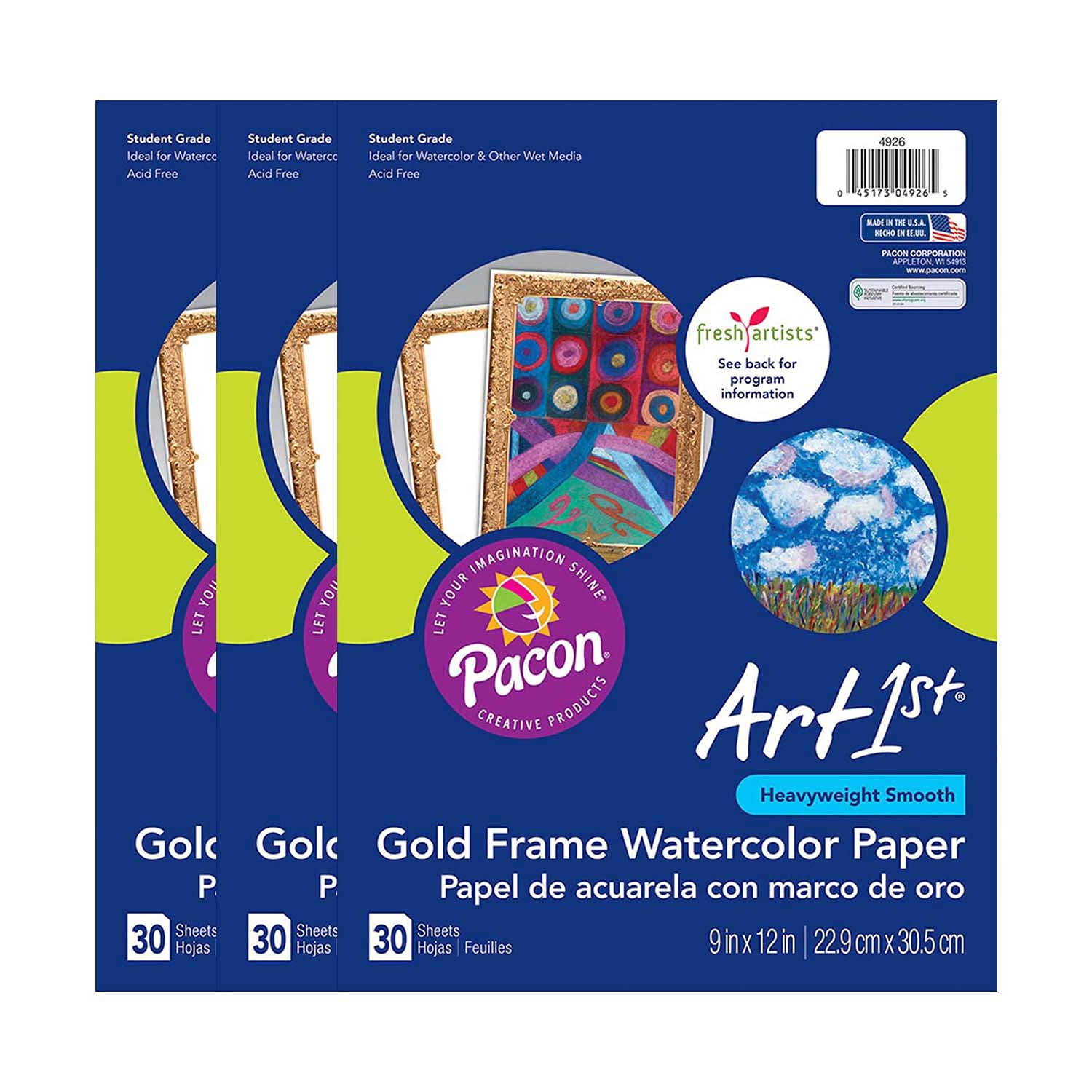 UCreate(r) Watercolor Paper, Gold Frame, 9" x 12", 30 Sheets Per Pack, 3 Packs