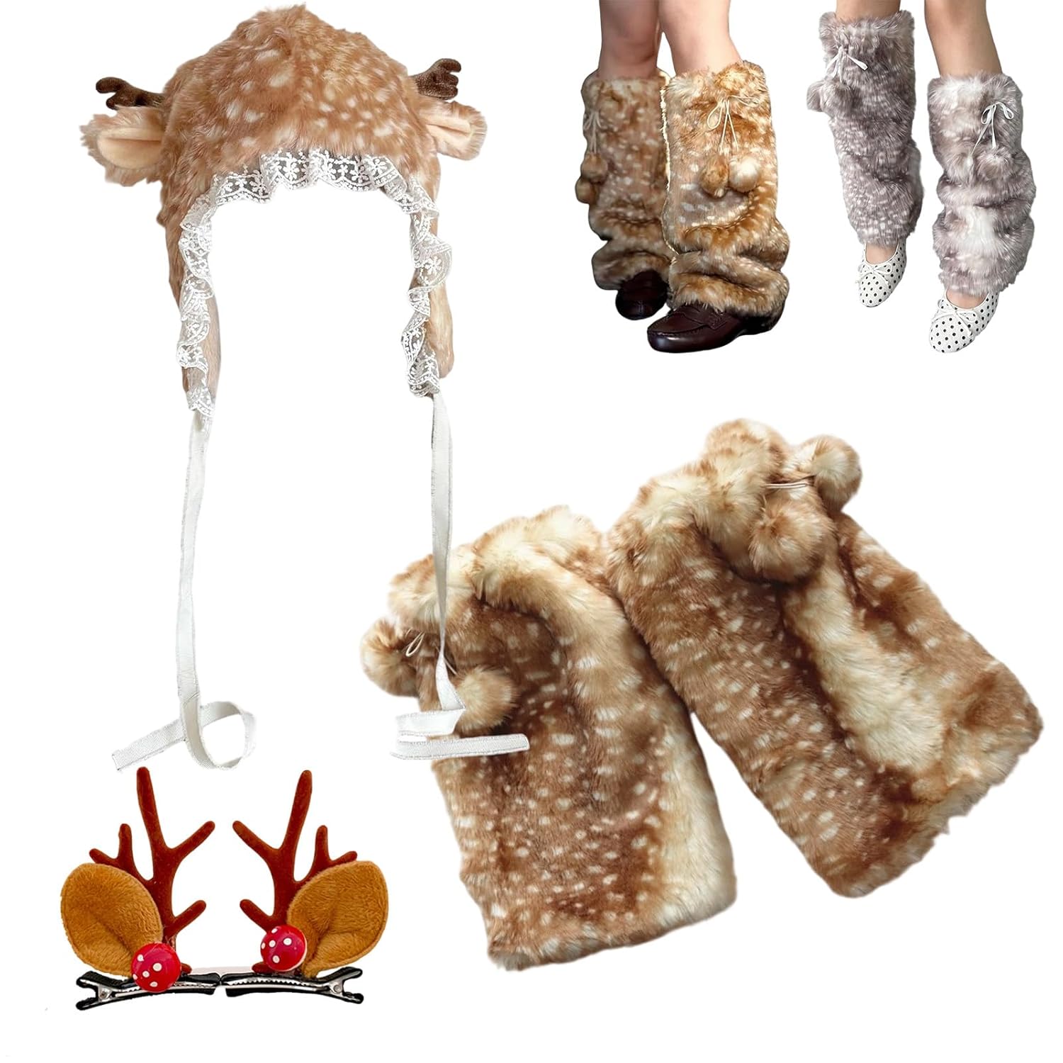 Deer Print Leg Warmers Furry Deer Print Clothes Brown Soft Thick Y2K Fuzzy Animal Print Boot Cuffs Cover