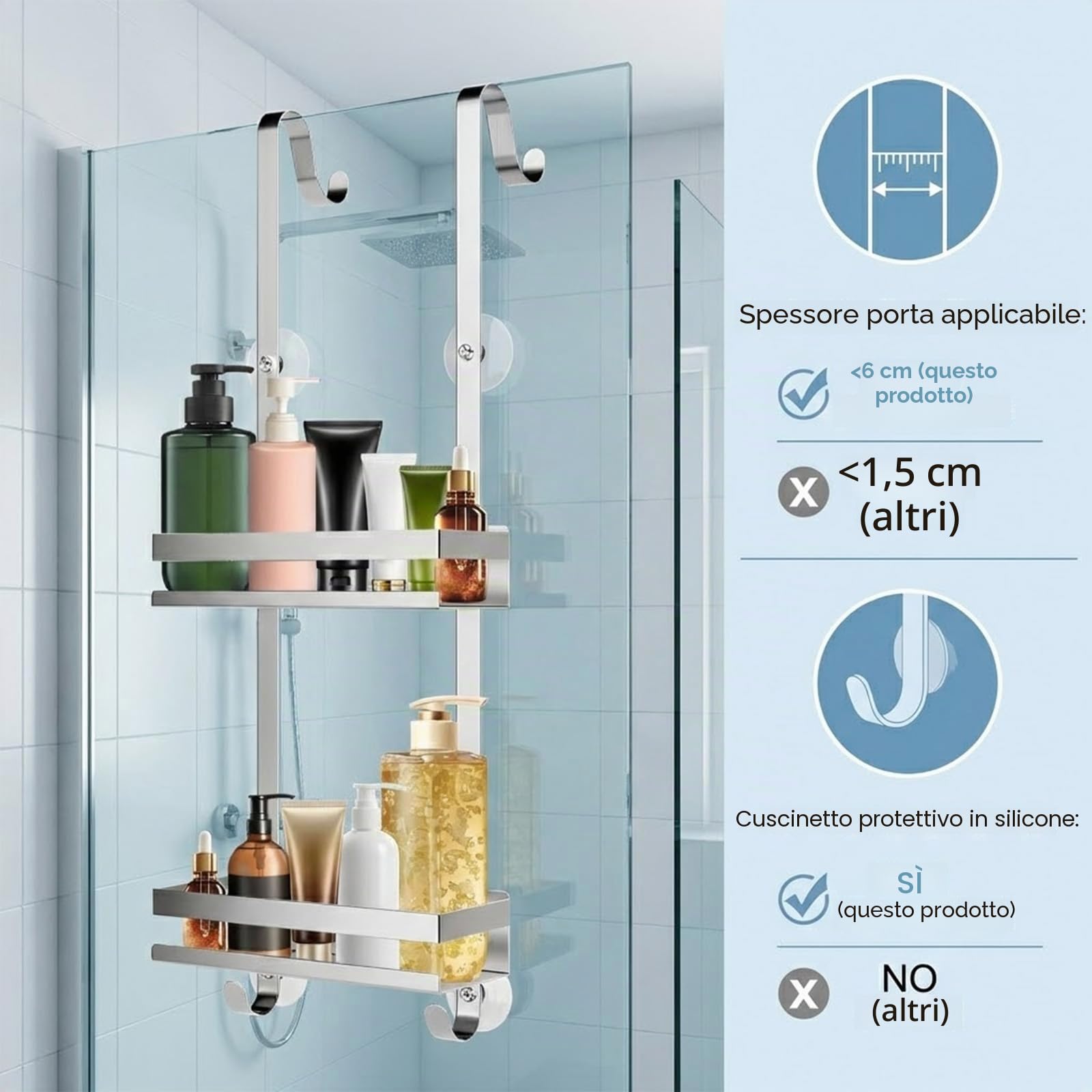 Mensola per Doccia in Acciaio Inox, con 2 Cestini, 2 Ganci e Ventose Stabili, Antiruggine, per Ordine in Bagno, Argento