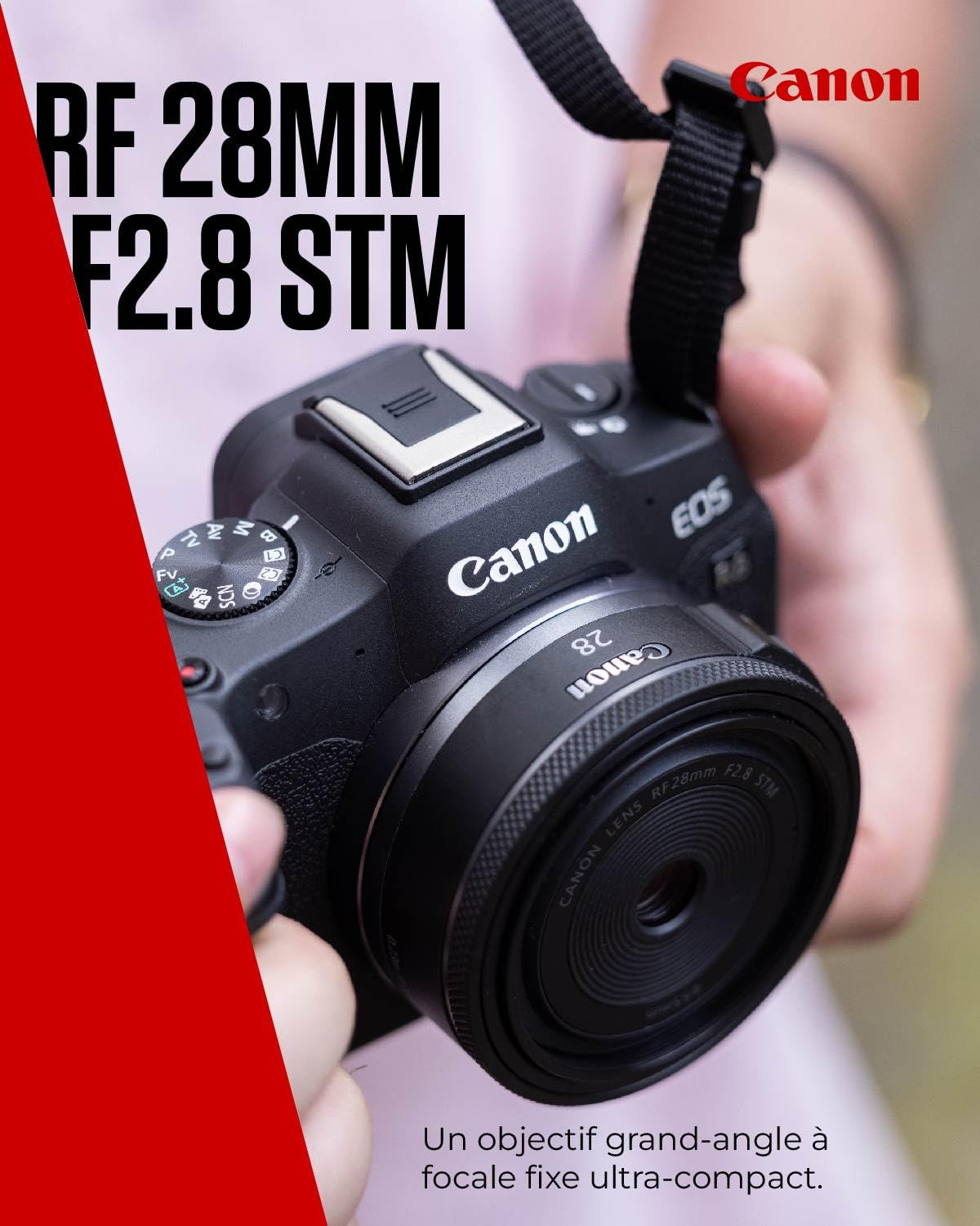 Objectif Canon RF 28 mm F2.8 STM, distance focale large, plein format, design "pancake", photographie paysage/voyage/rue, compatible Canon EOS R